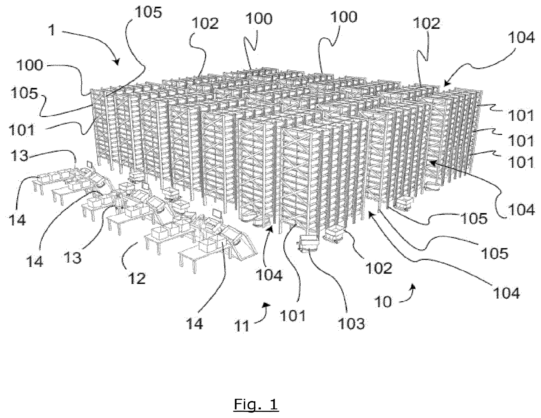 Patent US12612253 Figure 1 – Order picking or buffer storage system