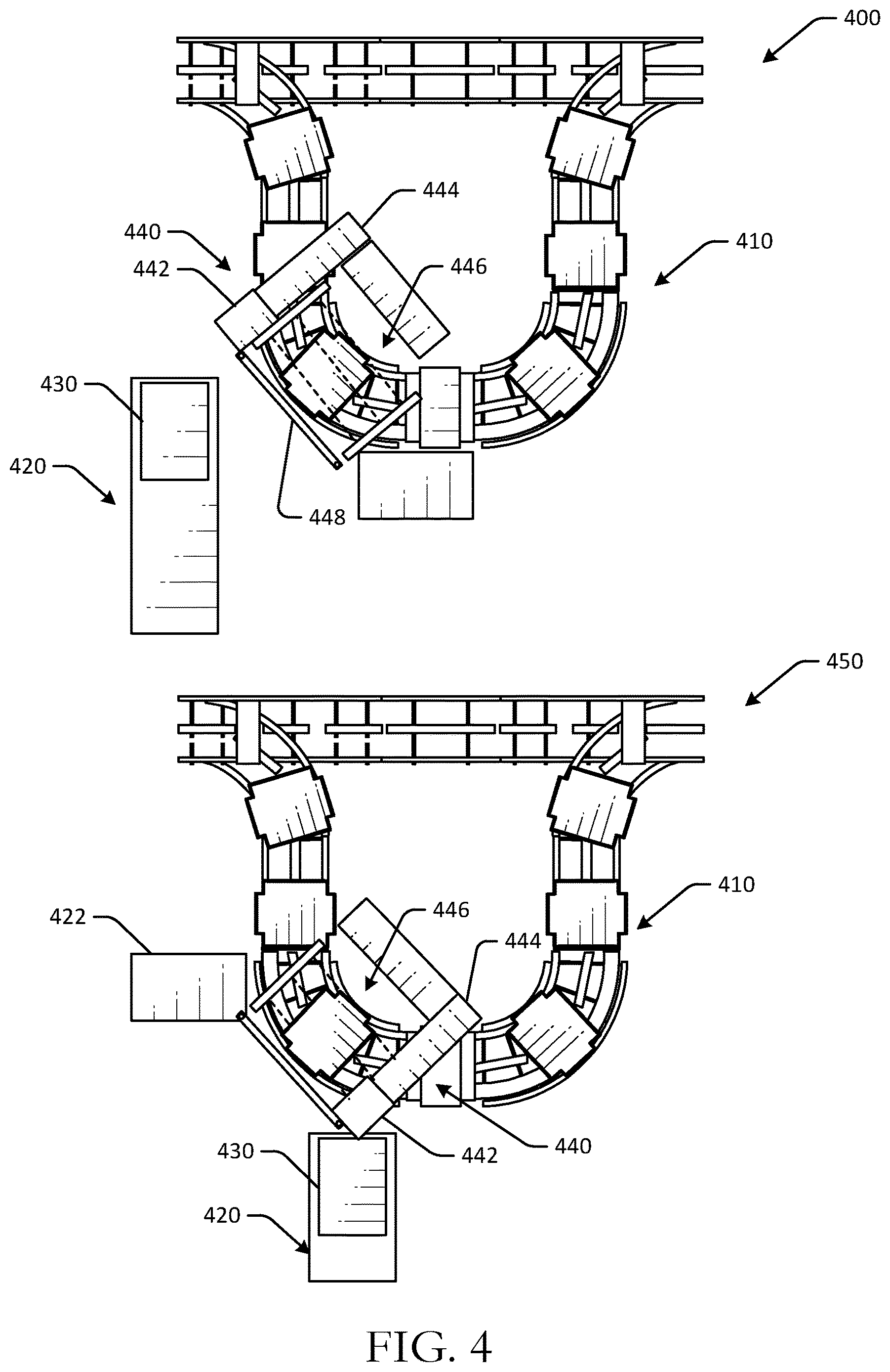 Patent US12612269 Figure 4 – Dynamic wheel assemblies for shuttles powered by linear synchronous motors