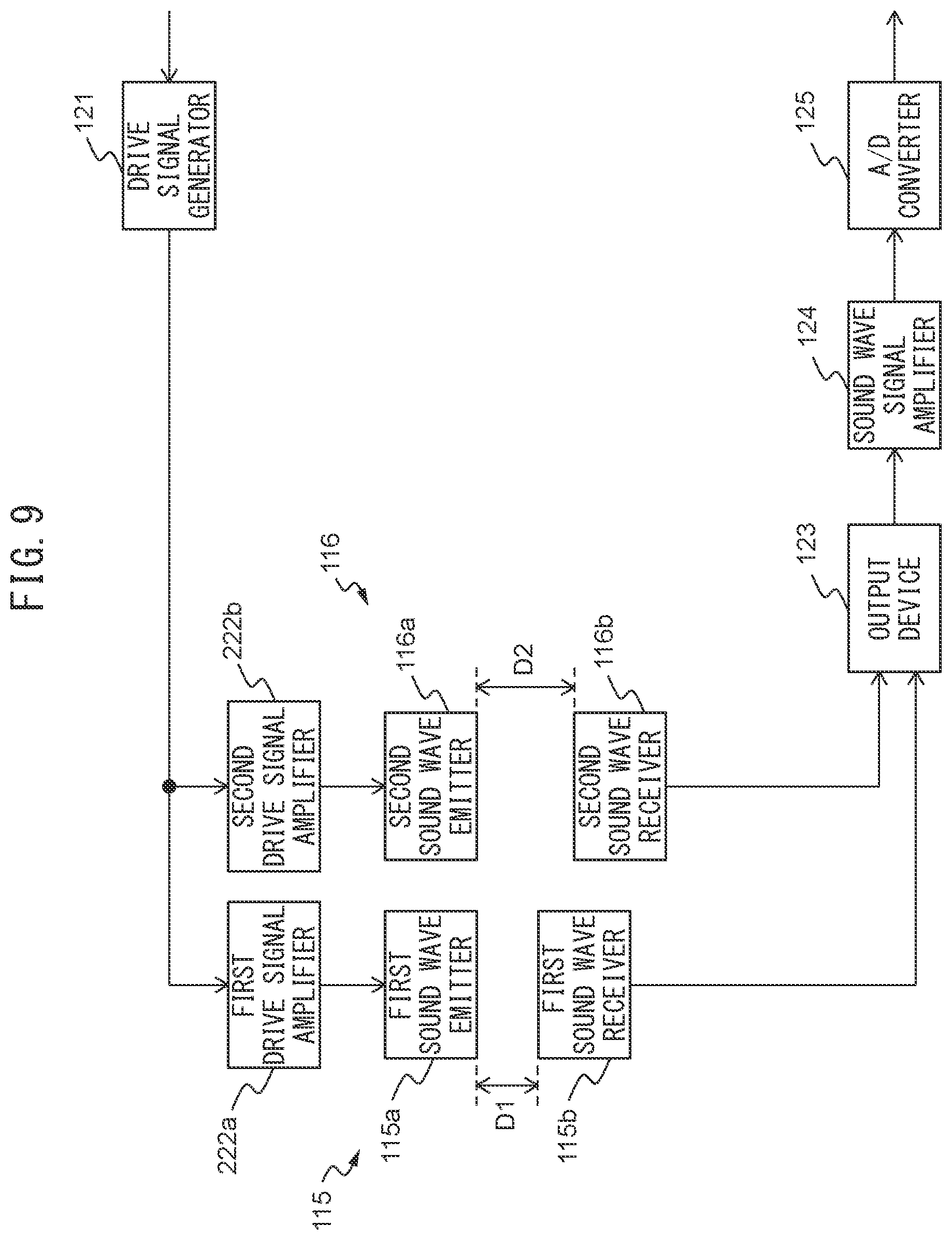 Patent US12612275 Figure 9 – Medium conveyance apparatus with a plurality of sound wave sensors driven by single drive signal and outputting sound wave signals at different timings