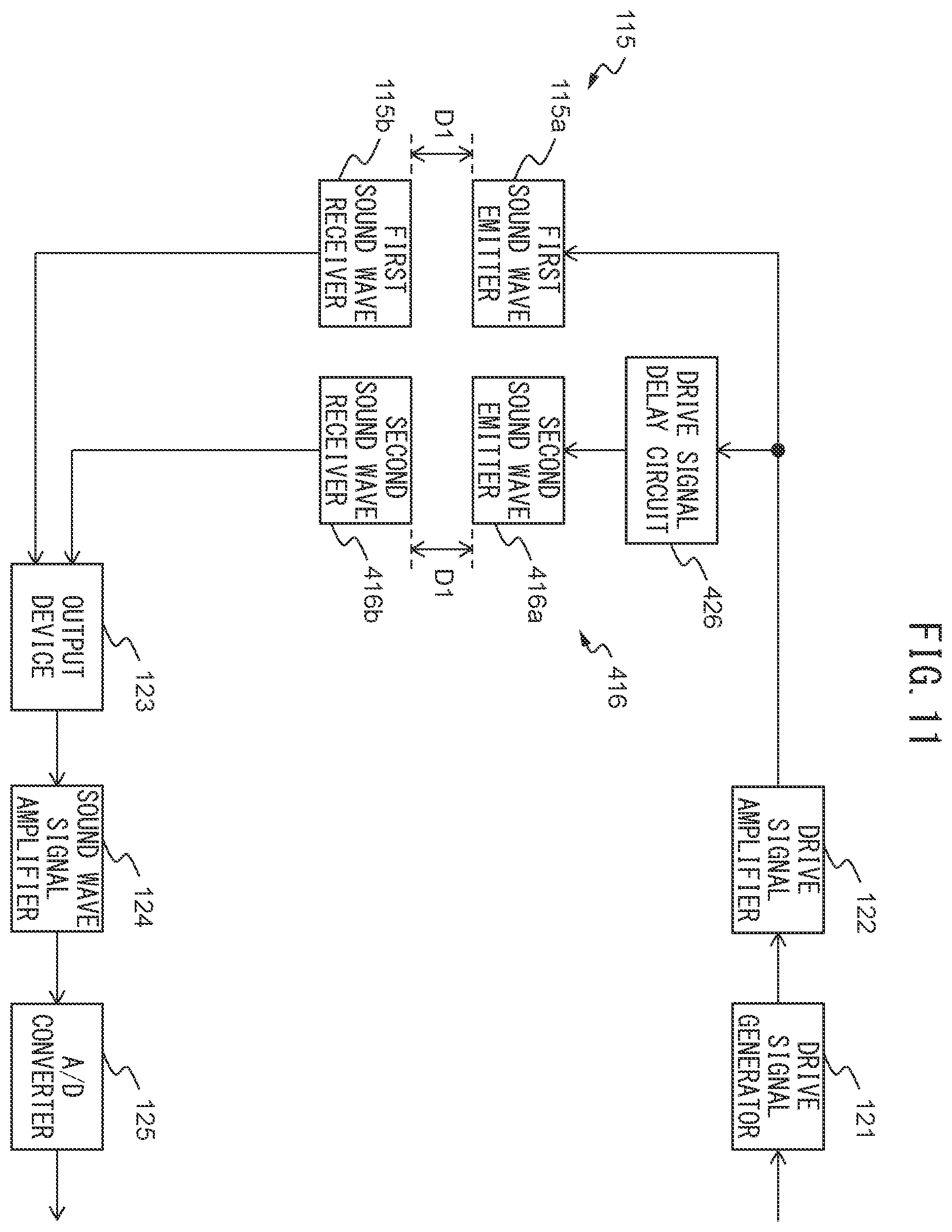 Patent US12612275 Figure 11 – Medium conveyance apparatus with a plurality of sound wave sensors driven by single drive signal and outputting sound wave signals at different timings