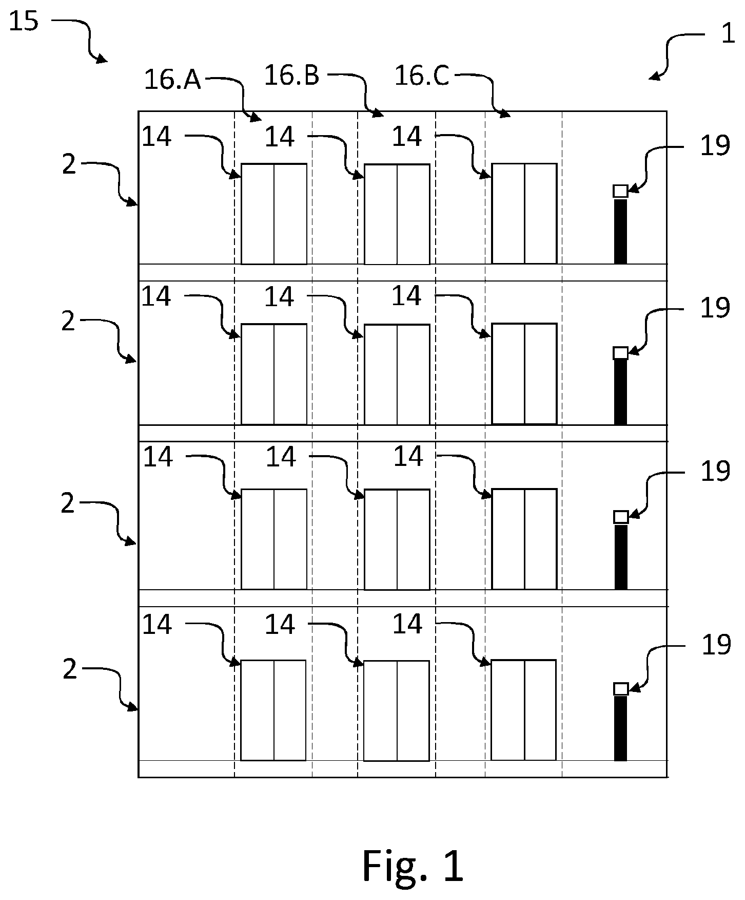Patent US12612284 Figure 1 – Call input device with display and call input detection method for calling an elevator car