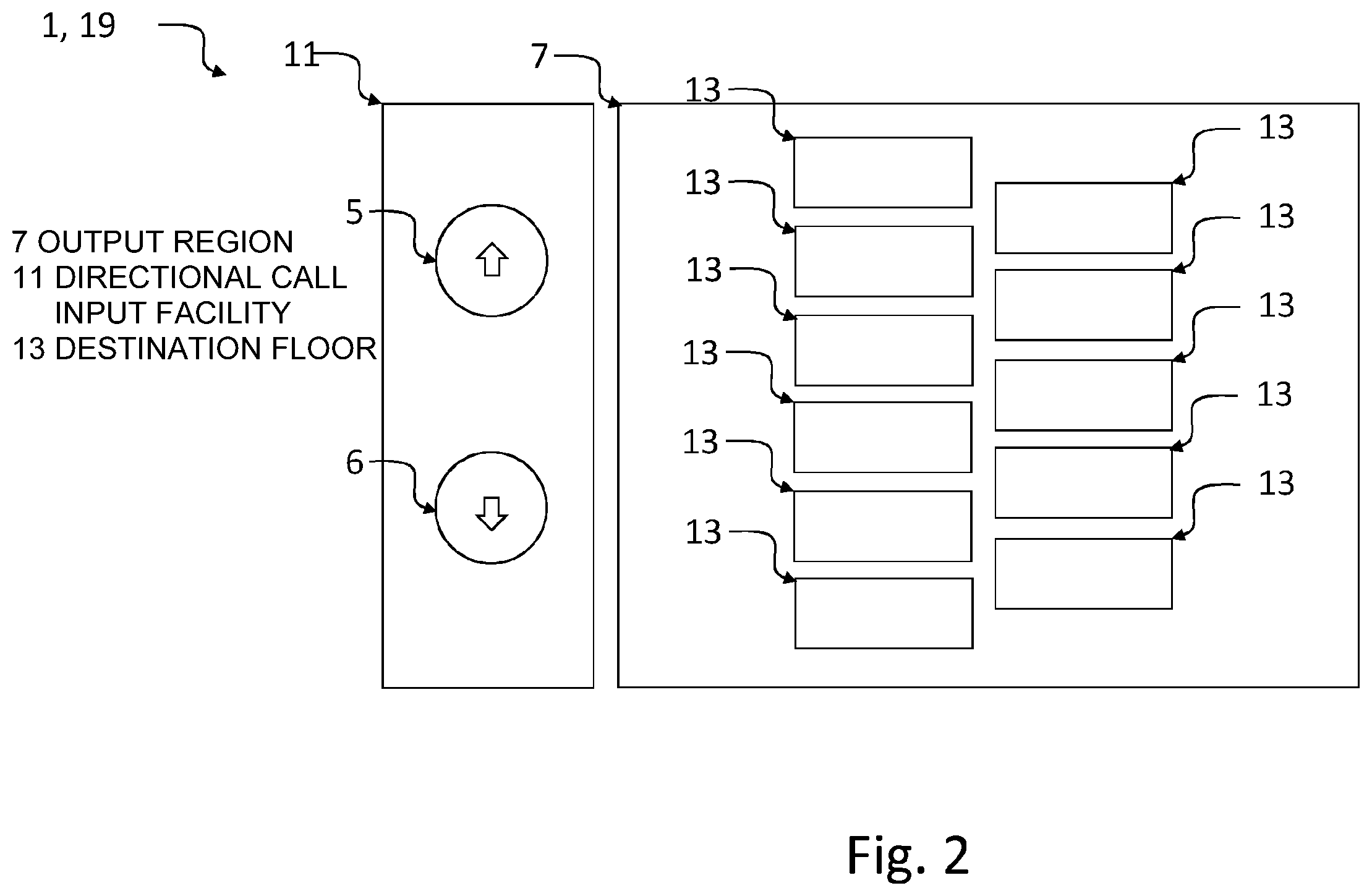 Patent US12612284 Figure 2 – Call input device with display and call input detection method for calling an elevator car