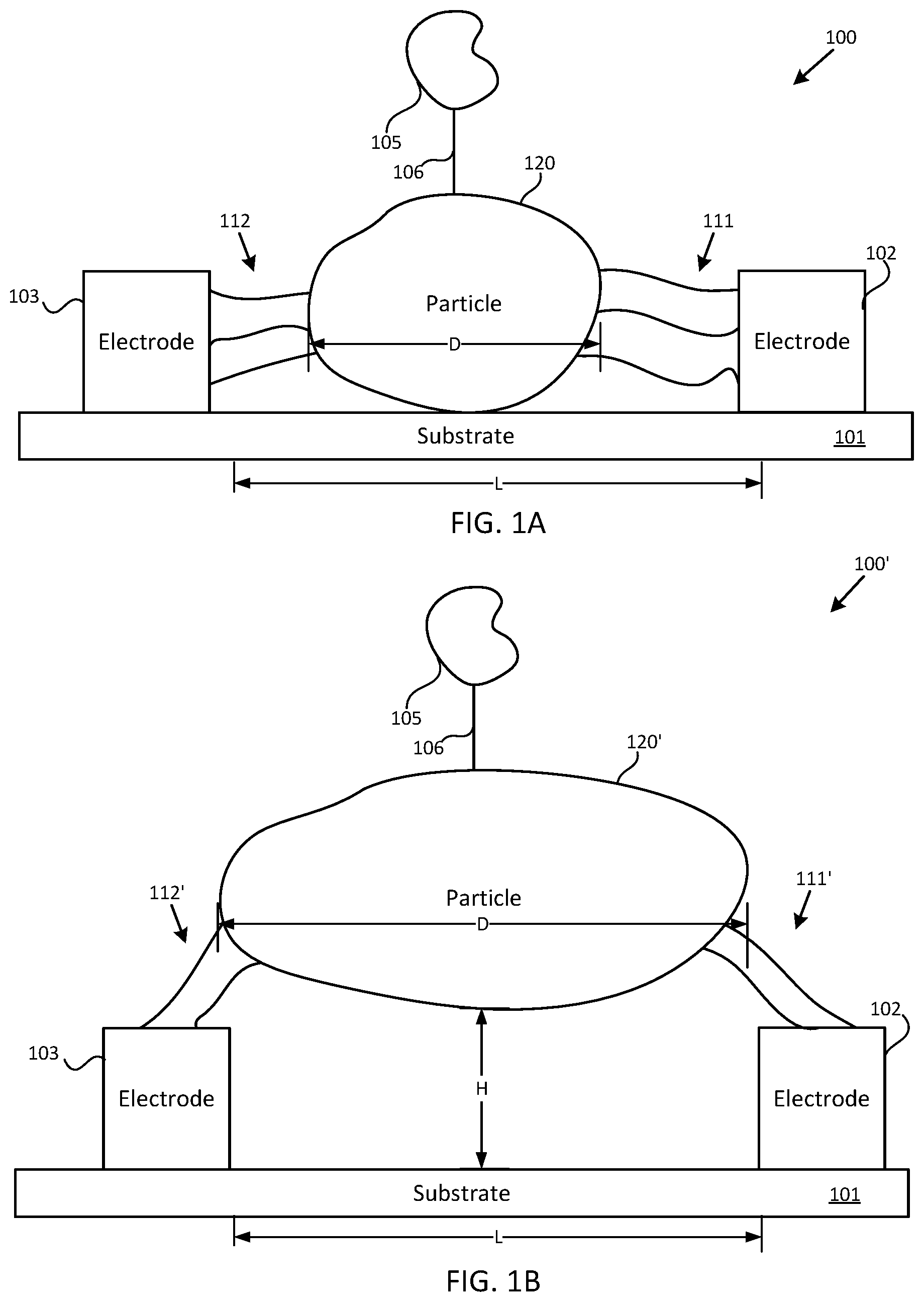 Patent US12612659 Figure 1 – Devices including particles coupled to electrodes, and methods of making and using the same
