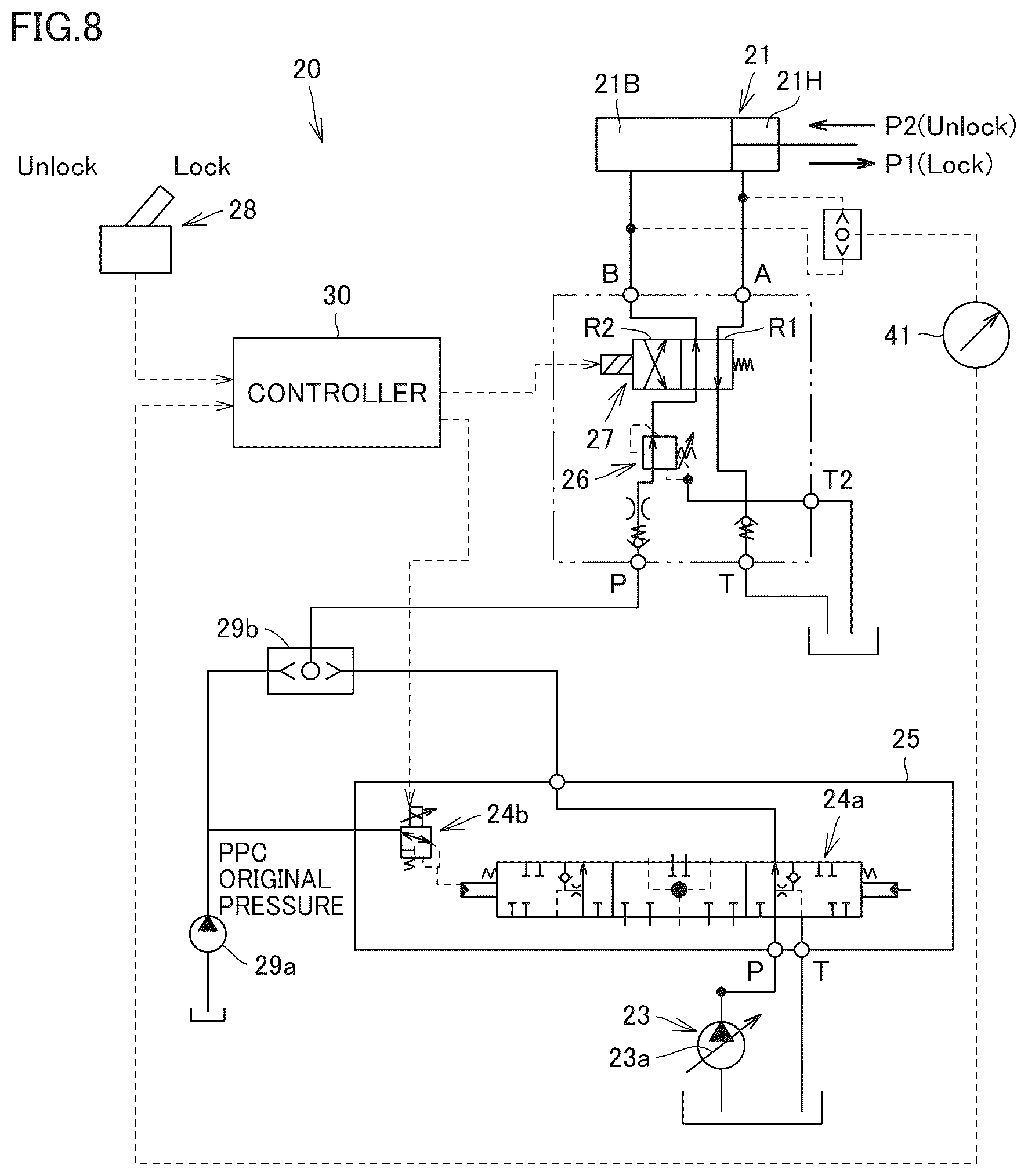 Patent US12612757 Figure 8 – Hydraulic system for work machine, work machine, and method for controlling hydraulic system