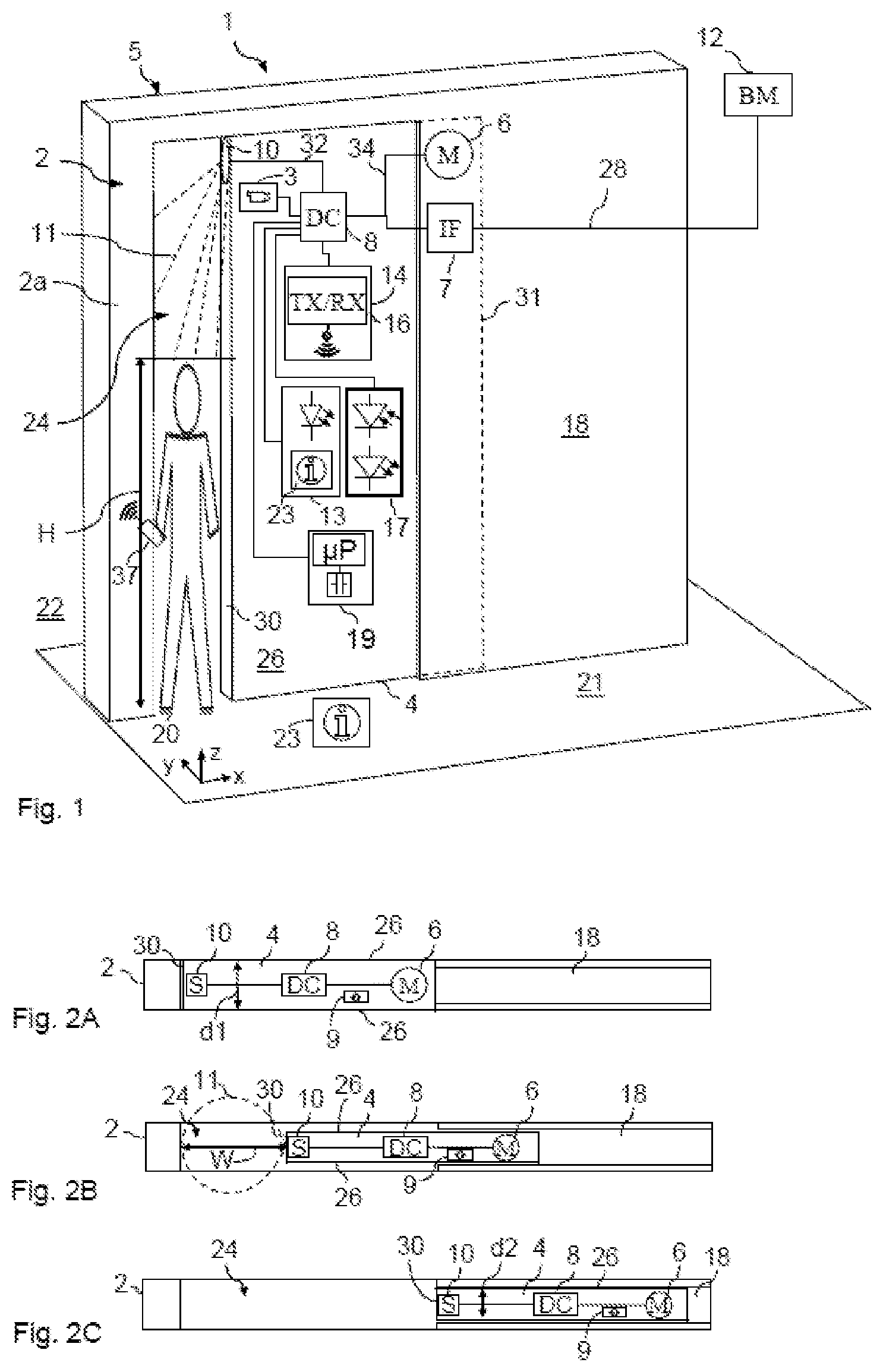 Patent US12612818 Figure 1 – Access control system with a sliding door that can be opened from the inside without contact
