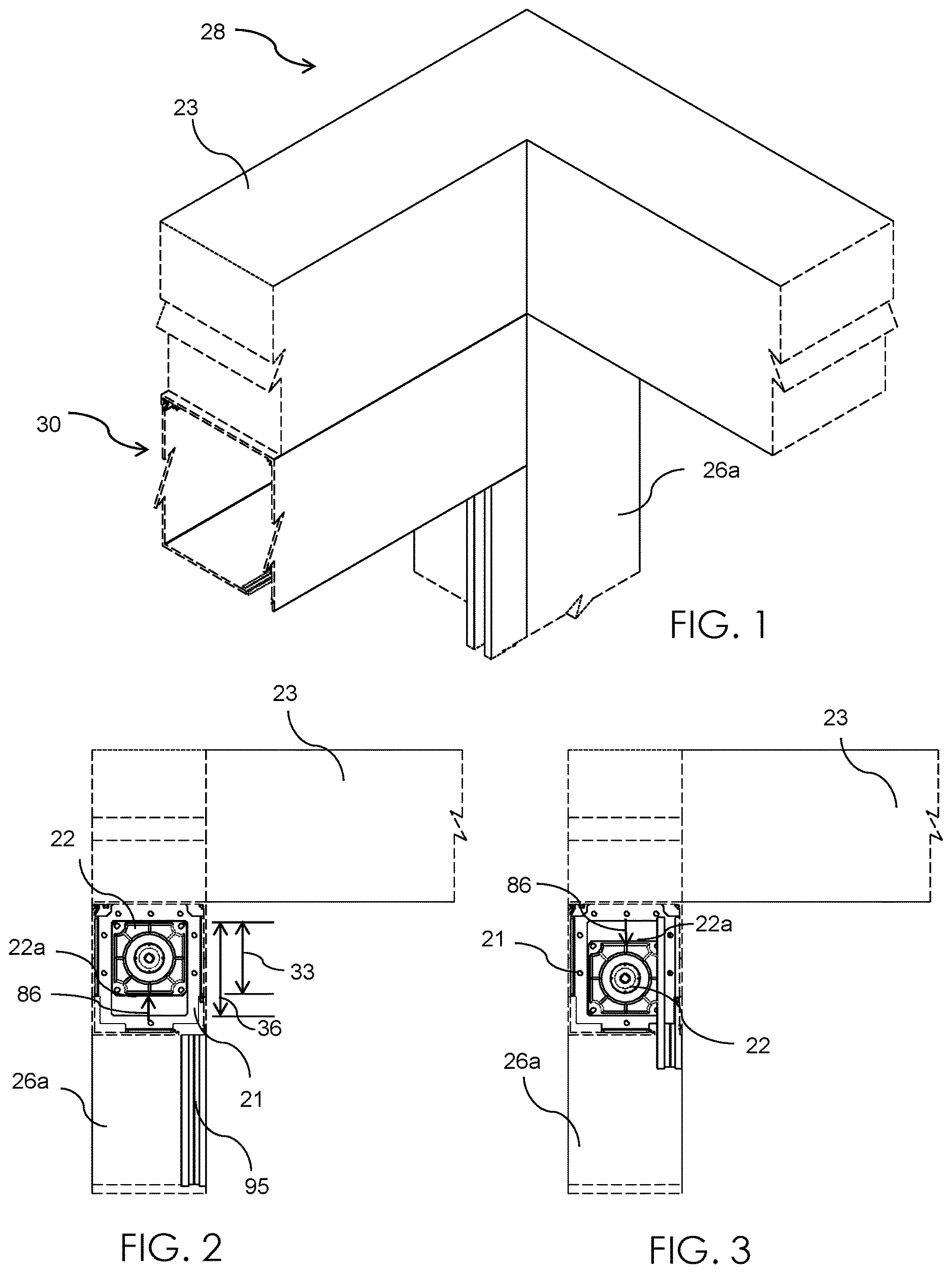 Patent US12612822 Figure 1 – Adjustable screen hood assembly for sloped roof structures