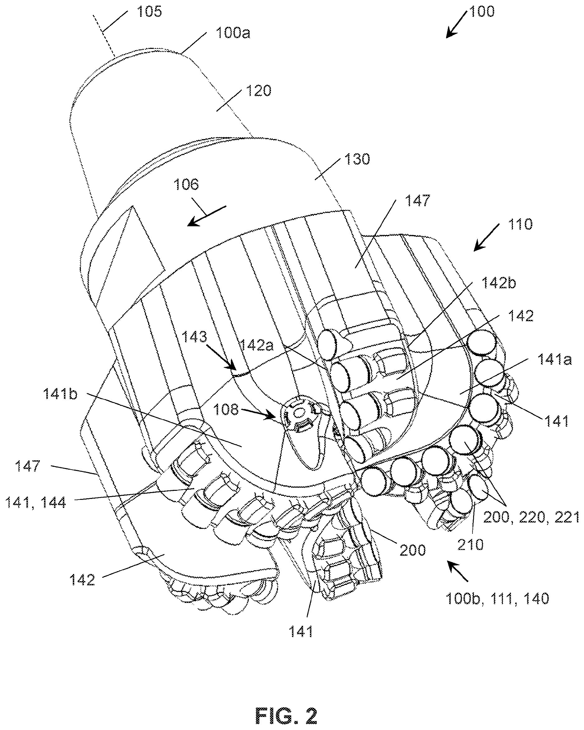 Patent US12612826 Figure 2 – Drill bit cutter elements with multiple surface finishes
