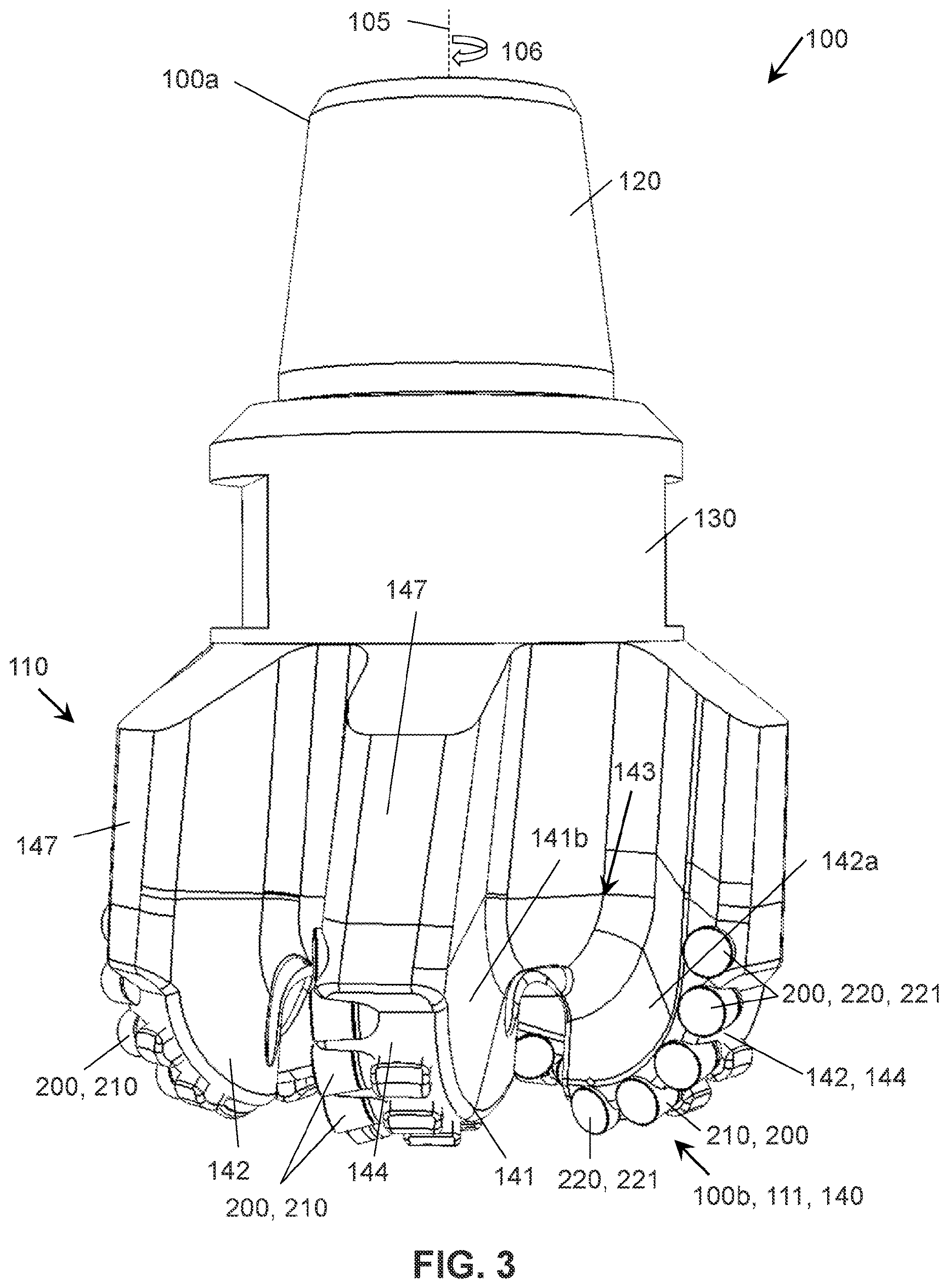 Patent US12612826 Figure 3 – Drill bit cutter elements with multiple surface finishes