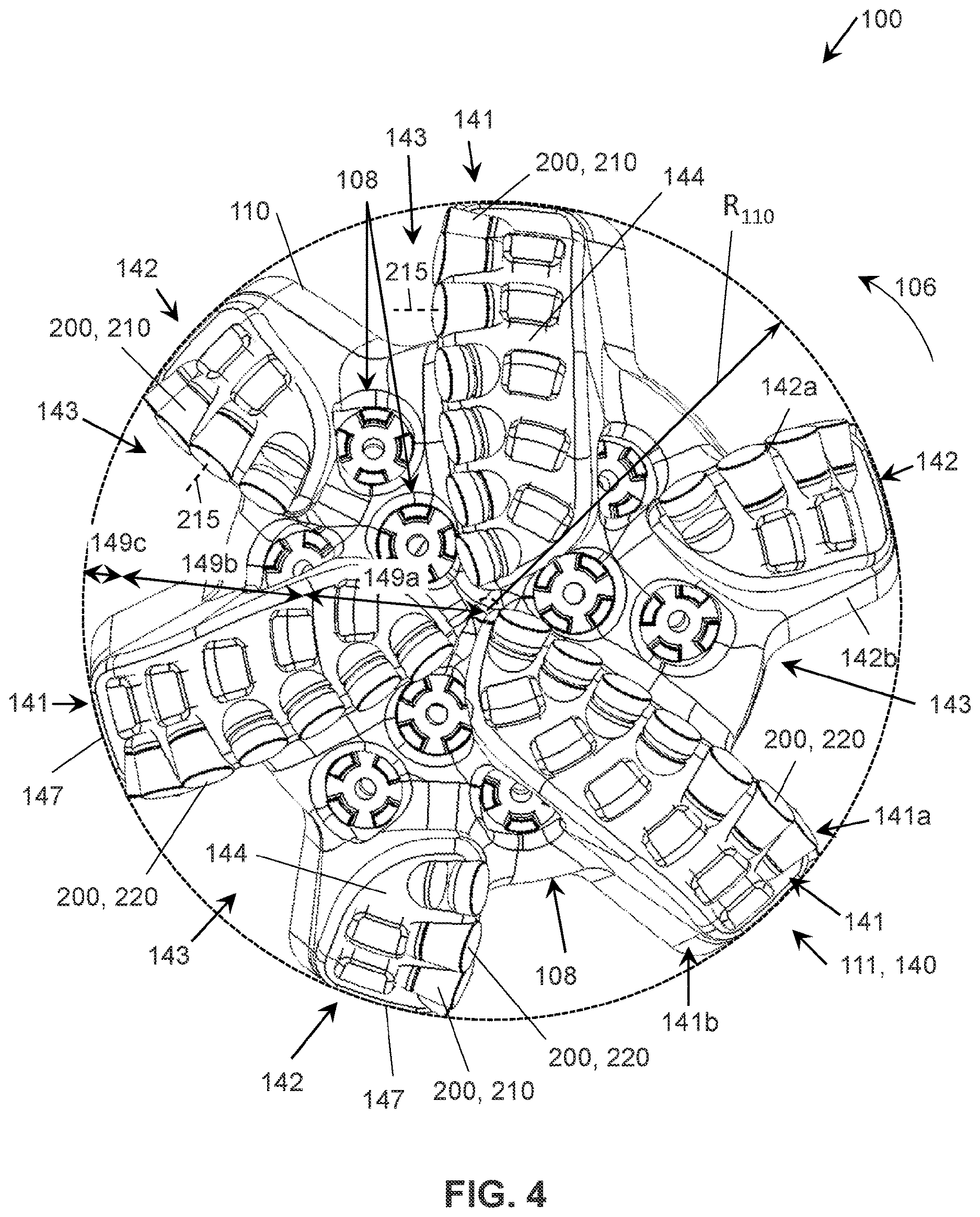 Patent US12612826 Figure 4 – Drill bit cutter elements with multiple surface finishes