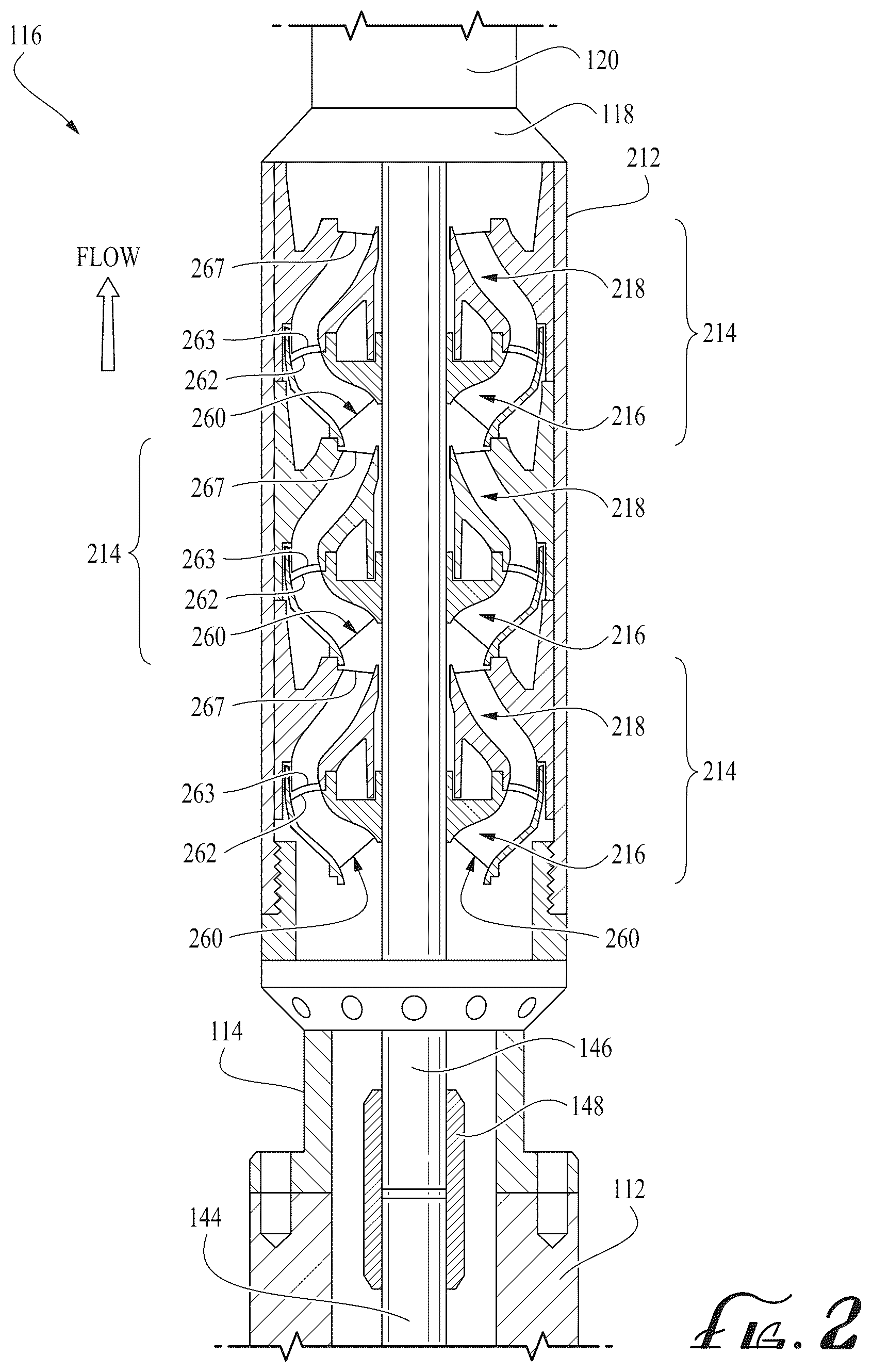 Patent US12612848 Figure 3 – Centrifugal pump stage with radiused impeller flow passage exit for reduced erosion