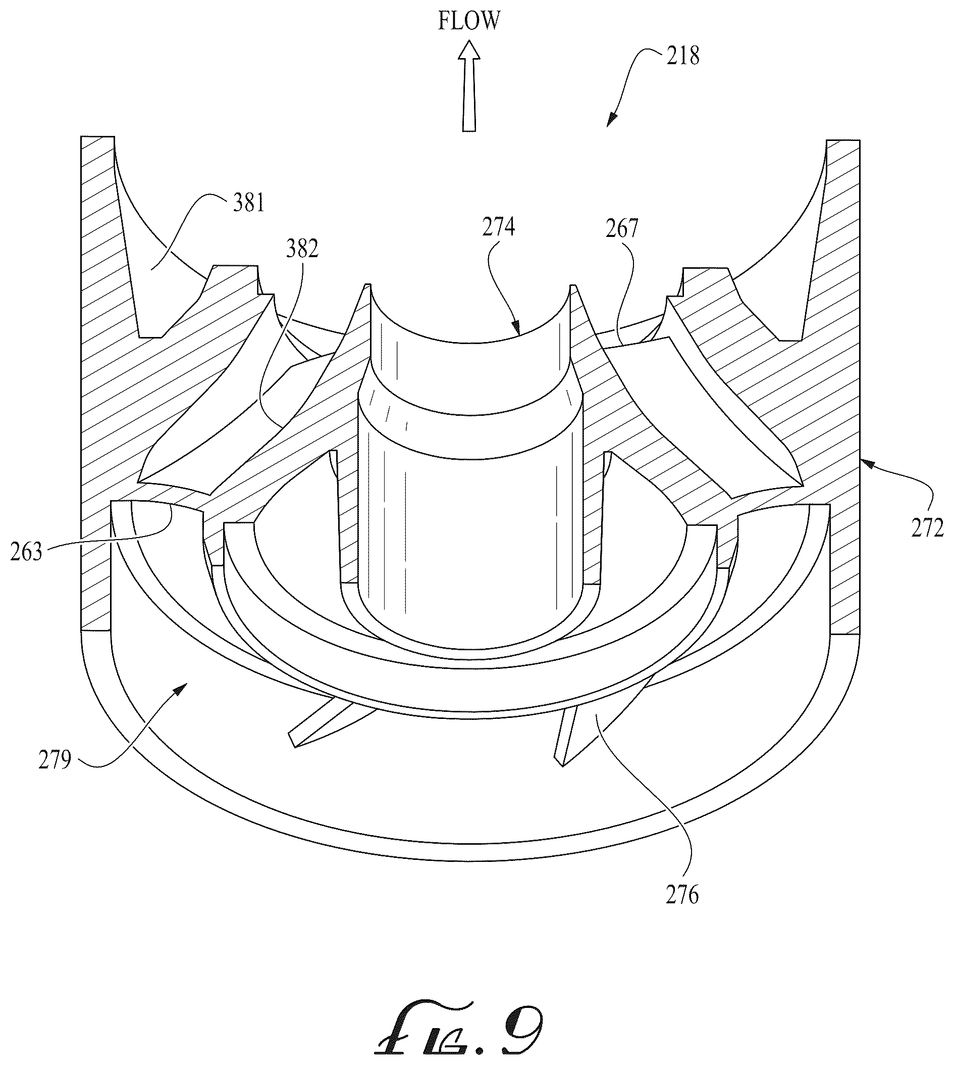 Patent US12612848 Figure 14 – Centrifugal pump stage with radiused impeller flow passage exit for reduced erosion