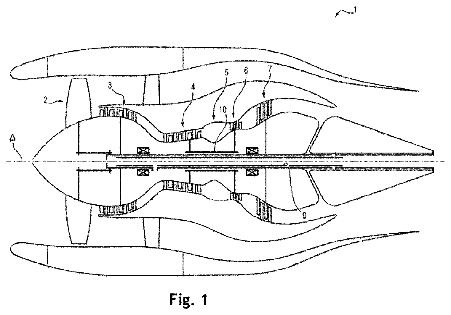 Patent US12612866 Figure 1 – Turbomachine comprising a heat exchanger between a fuel circuit and two lubricant circuits