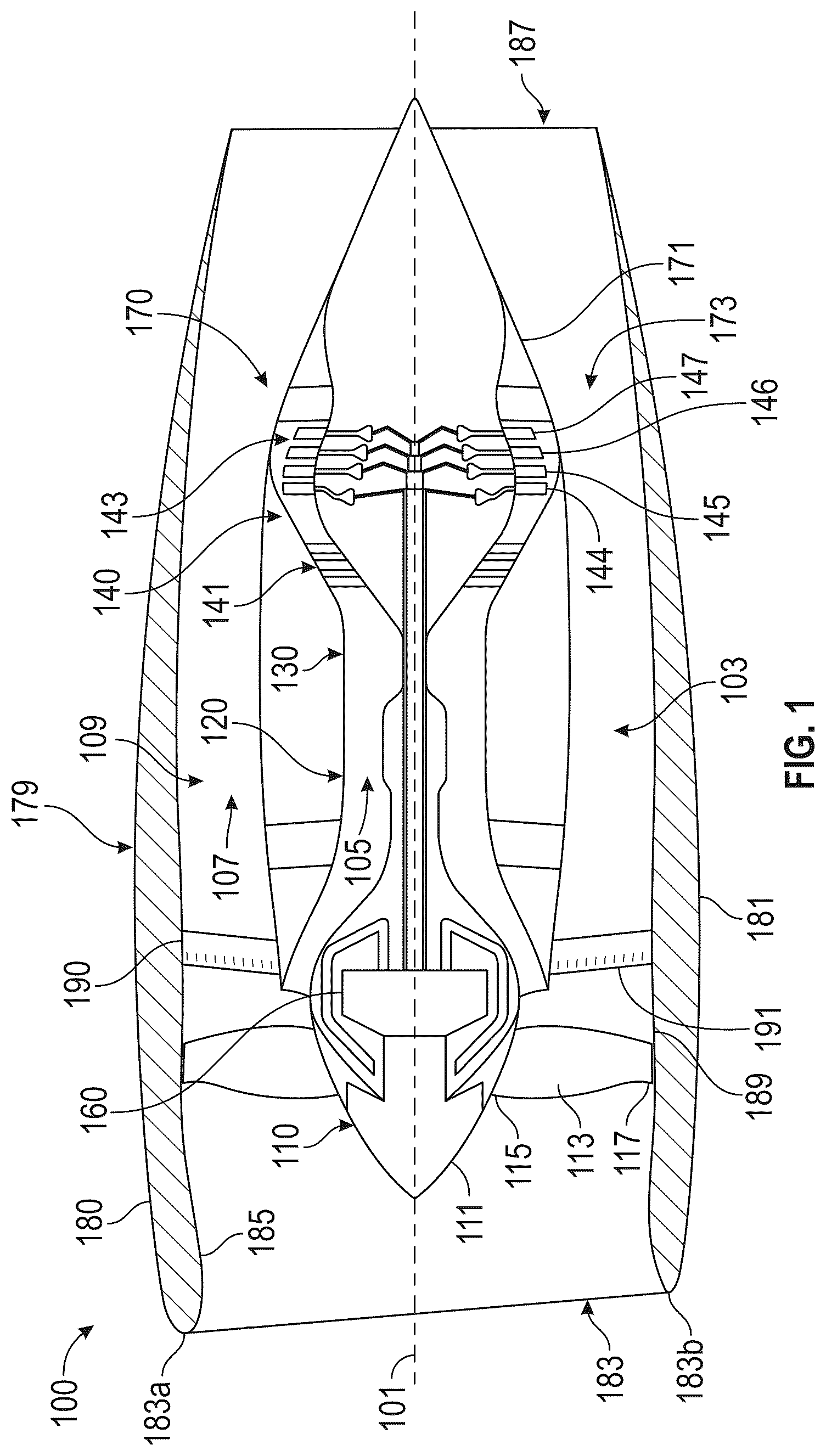 Patent US12612883 Figure 1 – Gas turbine engine with acoustic spacing of the fan blades and outlet guide vanes