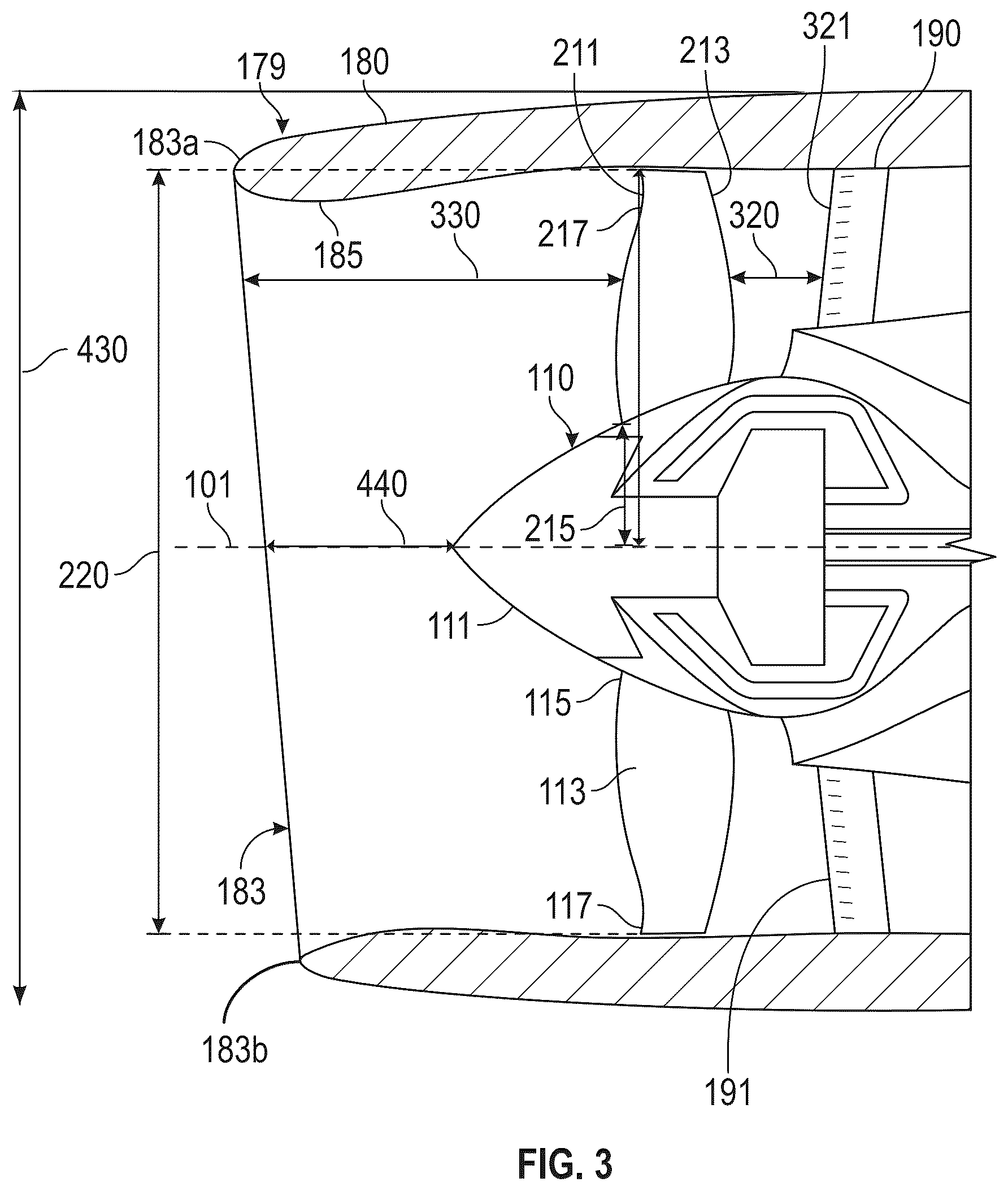 Patent US12612883 Figure 3 – Gas turbine engine with acoustic spacing of the fan blades and outlet guide vanes