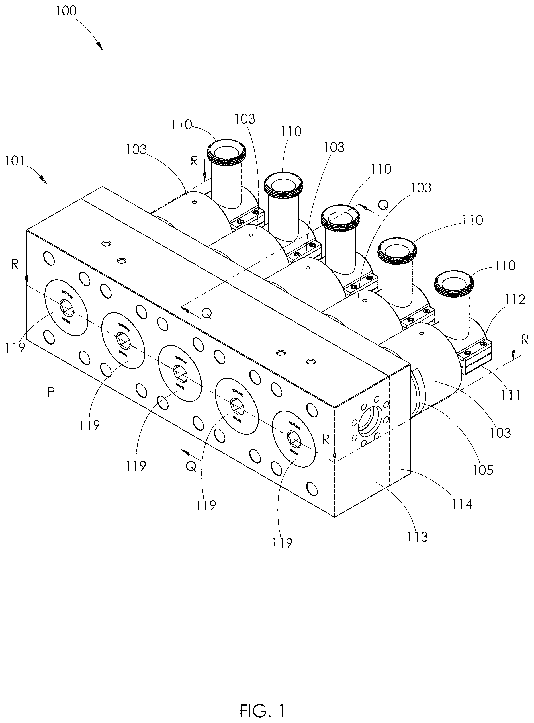 Patent US12612904 Figure 1 – Fracturing pump arrangement using a plunger with an internal fluid passage