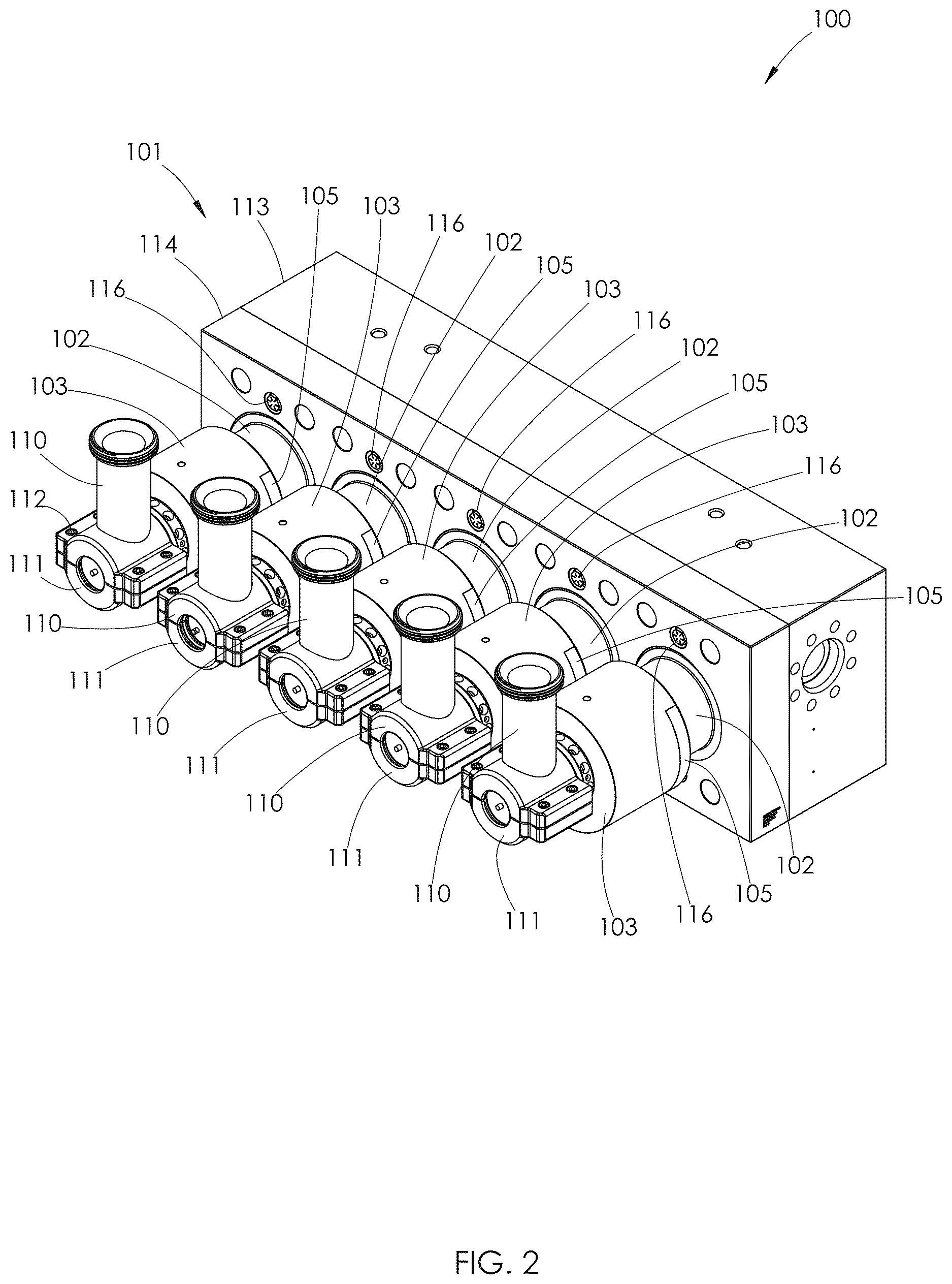 Patent US12612904 Figure 2 – Fracturing pump arrangement using a plunger with an internal fluid passage