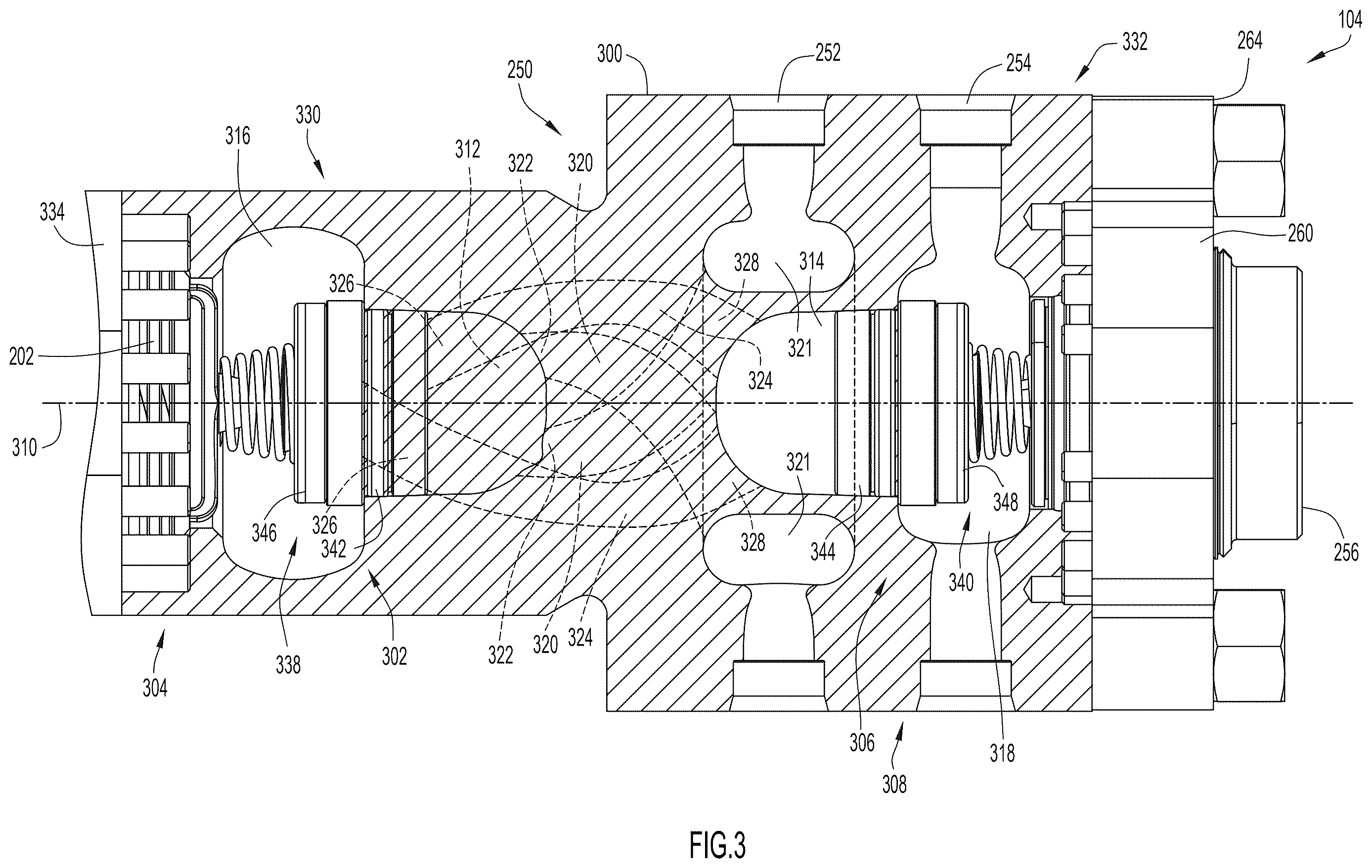 Patent US12612910 Figure 3 – Fluid end with counterflow passages