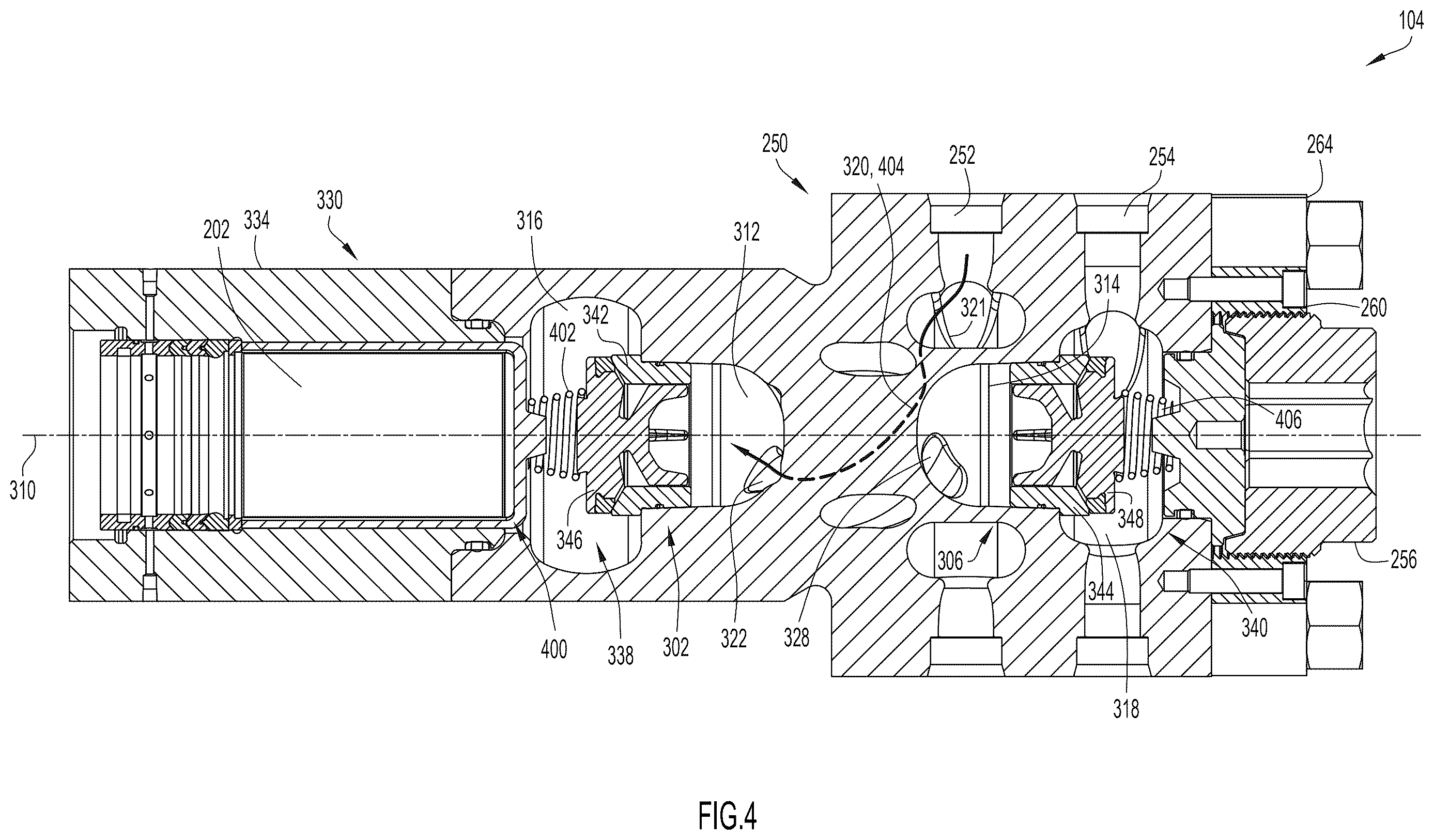 Patent US12612910 Figure 4 – Fluid end with counterflow passages