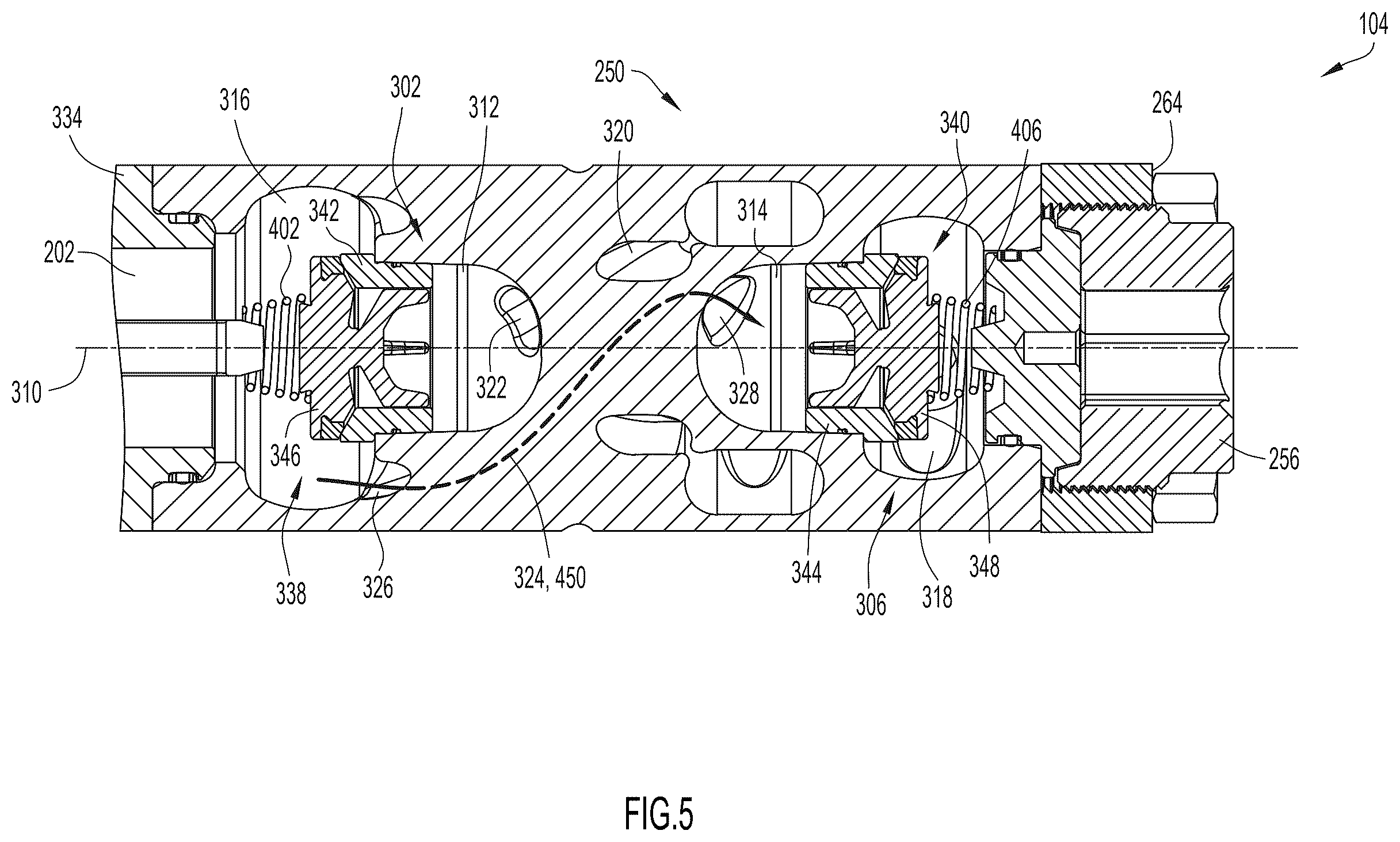 Patent US12612910 Figure 5 – Fluid end with counterflow passages