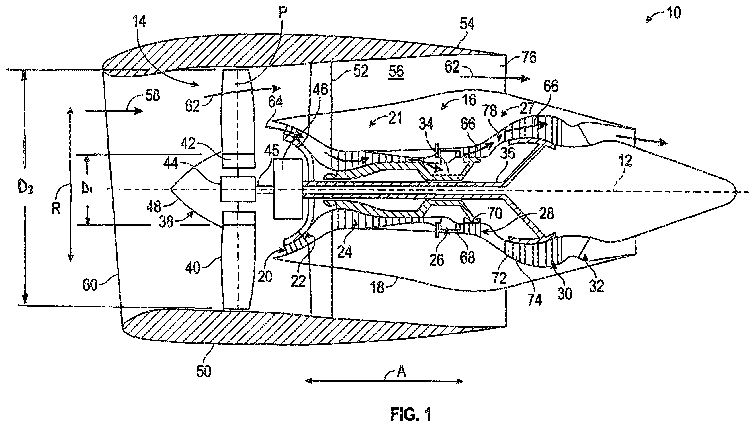Patent US12612921 Figure 1 – Fan bearing support system for gas turbine engine with power gearbox