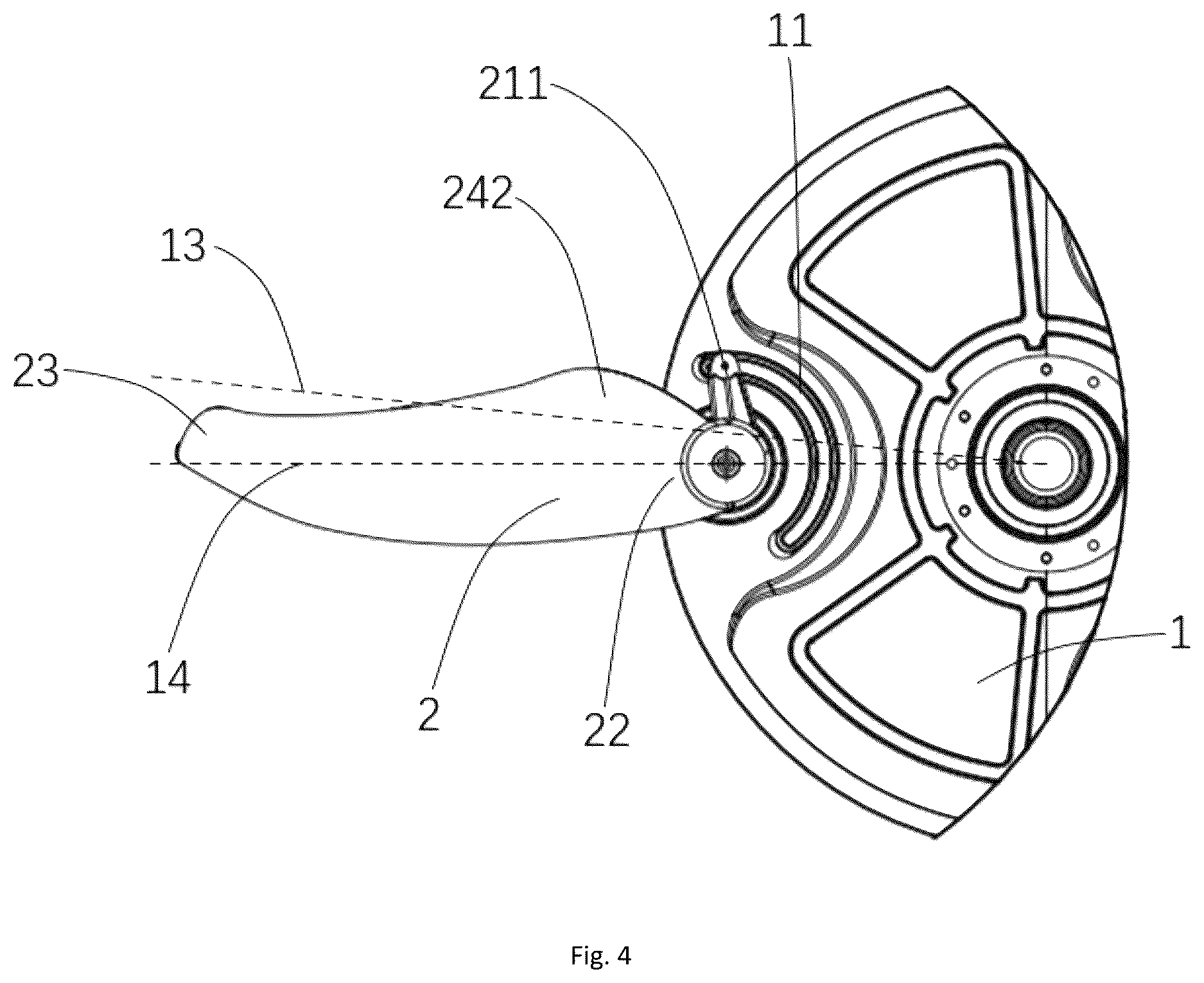 Patent US12612926 Figure 4 – Fan blade, fan and fan lamp