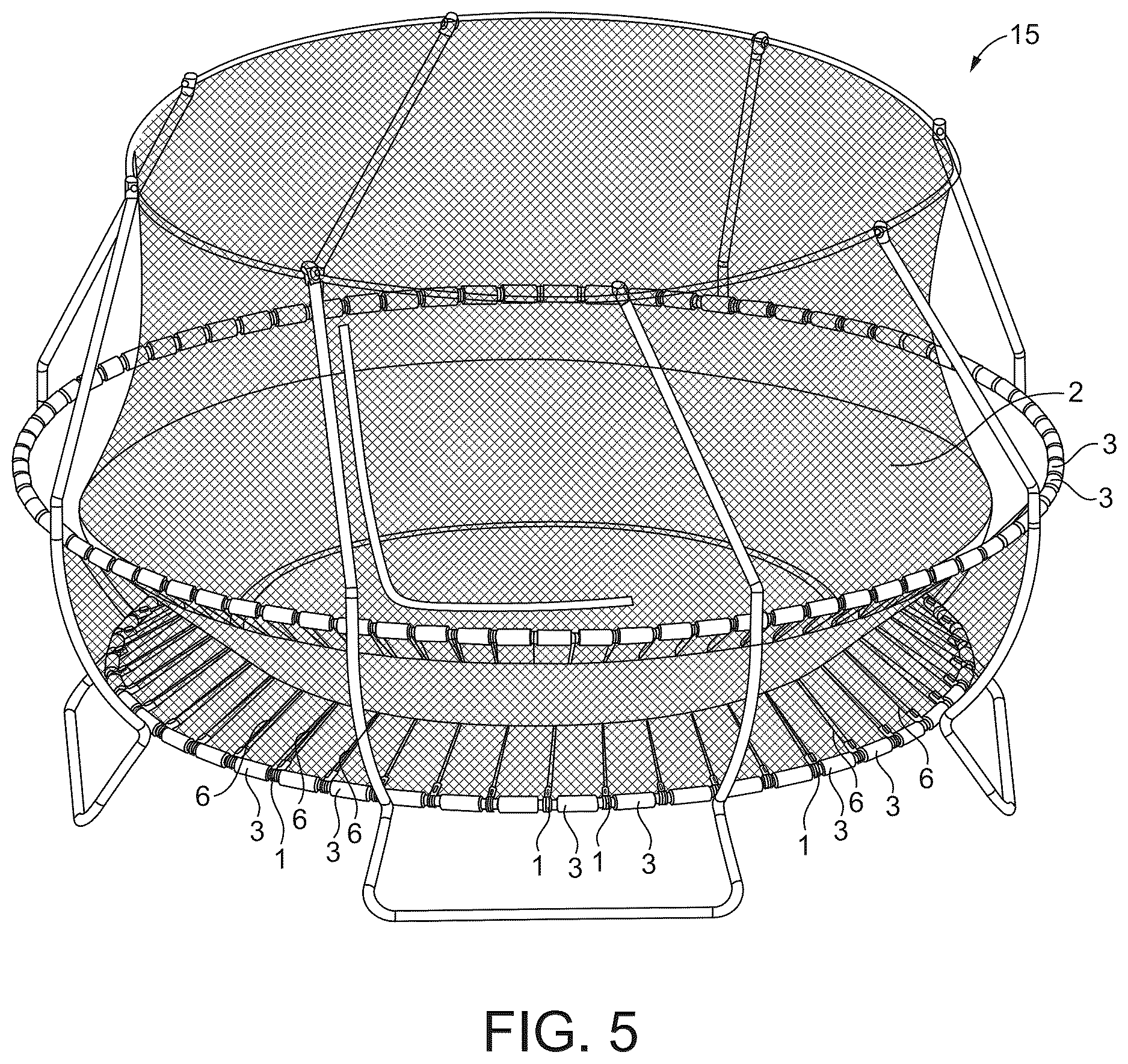 Patent US12612933 Figure 6 – Method and apparatus for attaching a trampoline mat to a trampoline frame