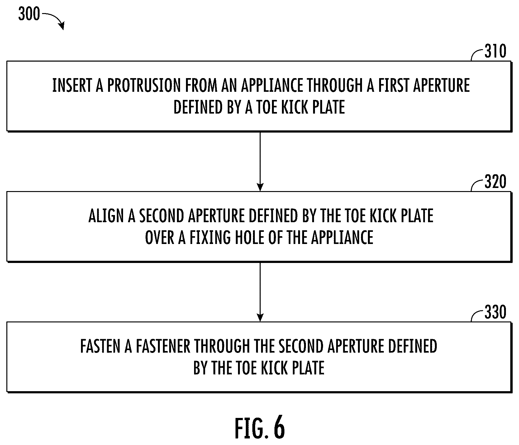 Patent US12612934 Figure 6 – Household appliance toe kick plate fastening