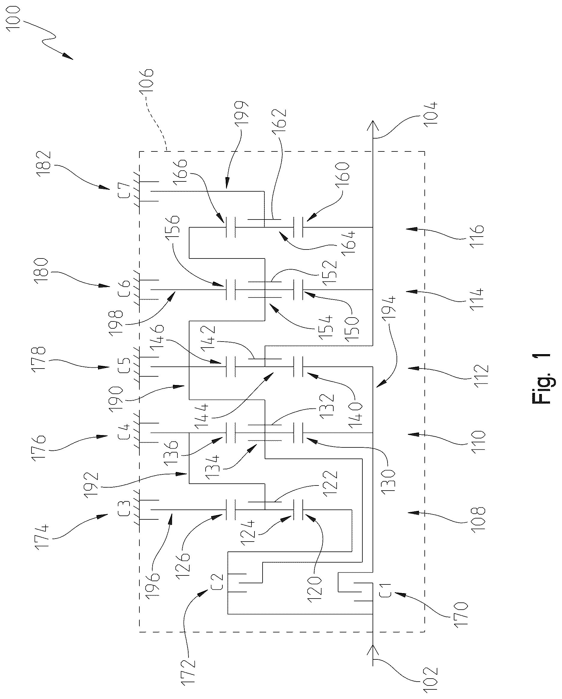 Patent US12612954 Figure 1 – Multi-speed planetary transmission