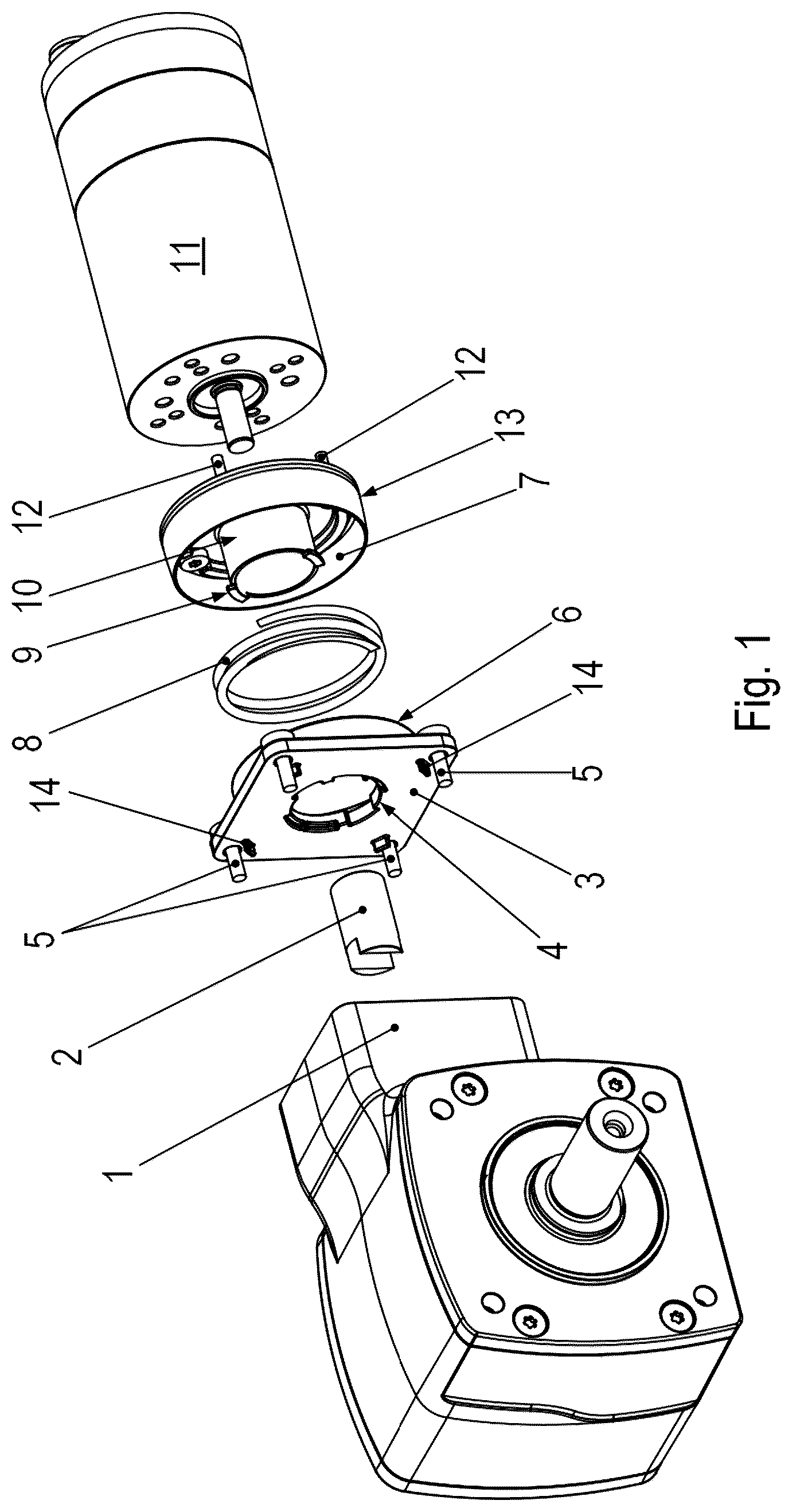 Patent US12612964 Figure 1 – Geared motor including an electric motor and a gearbox