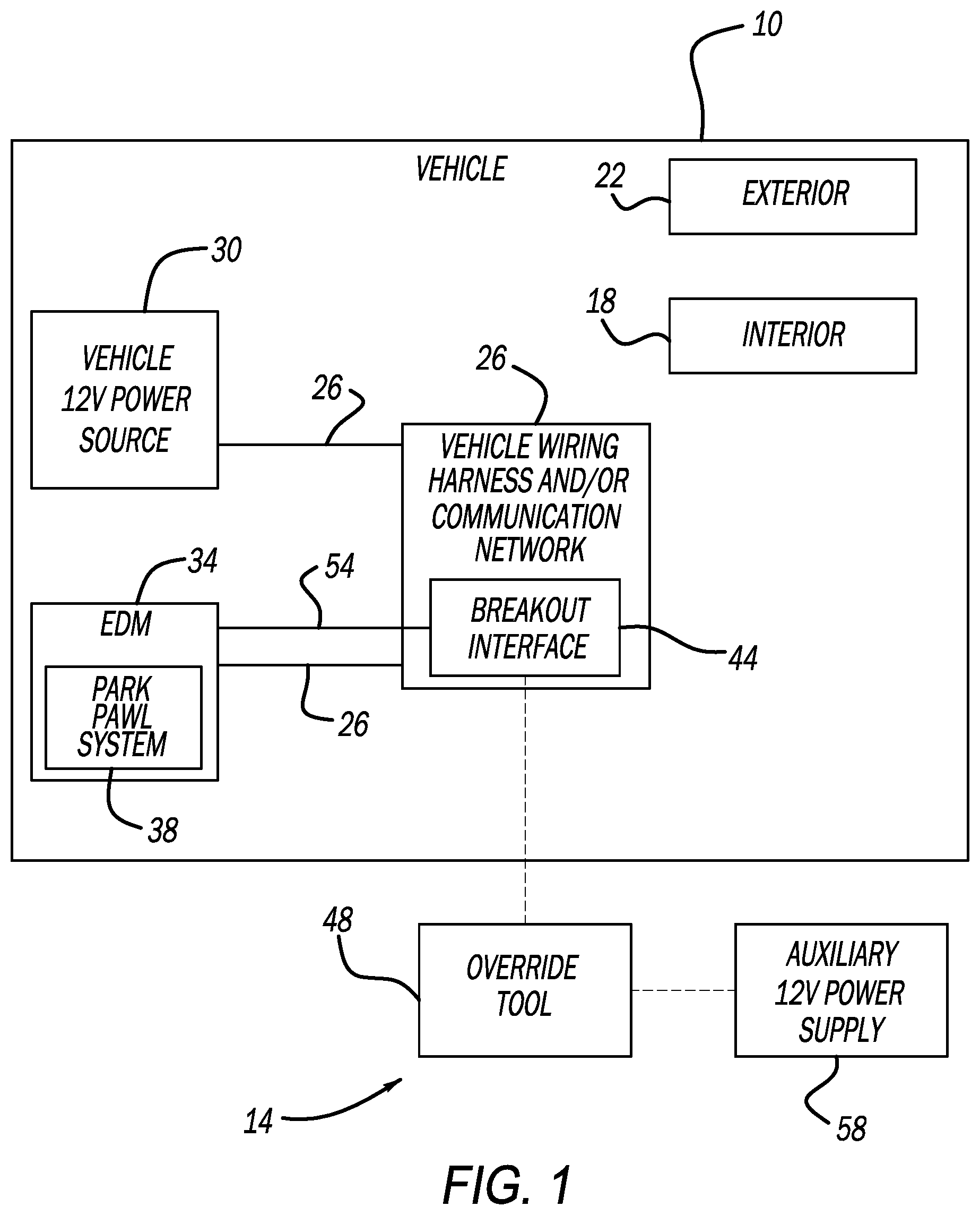 Patent US12612968 Figure 1 – Electronic park pawl motor direct override