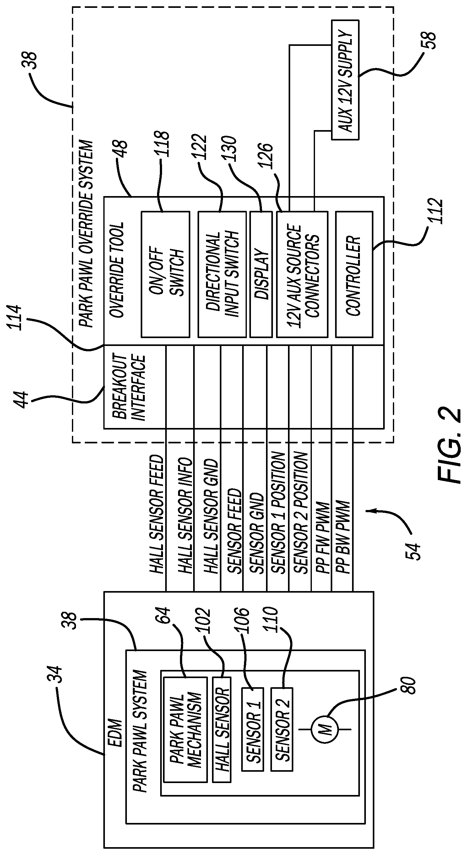 Patent US12612968 Figure 2 – Electronic park pawl motor direct override