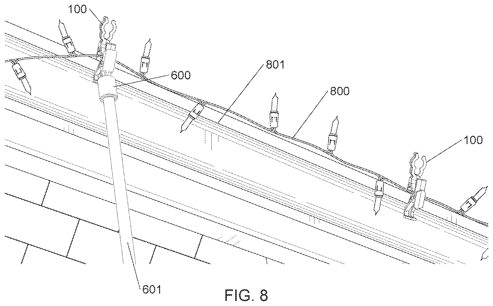 Patent US12613026 Figure 8 – System and method for hanging decorative elements at an elevated height