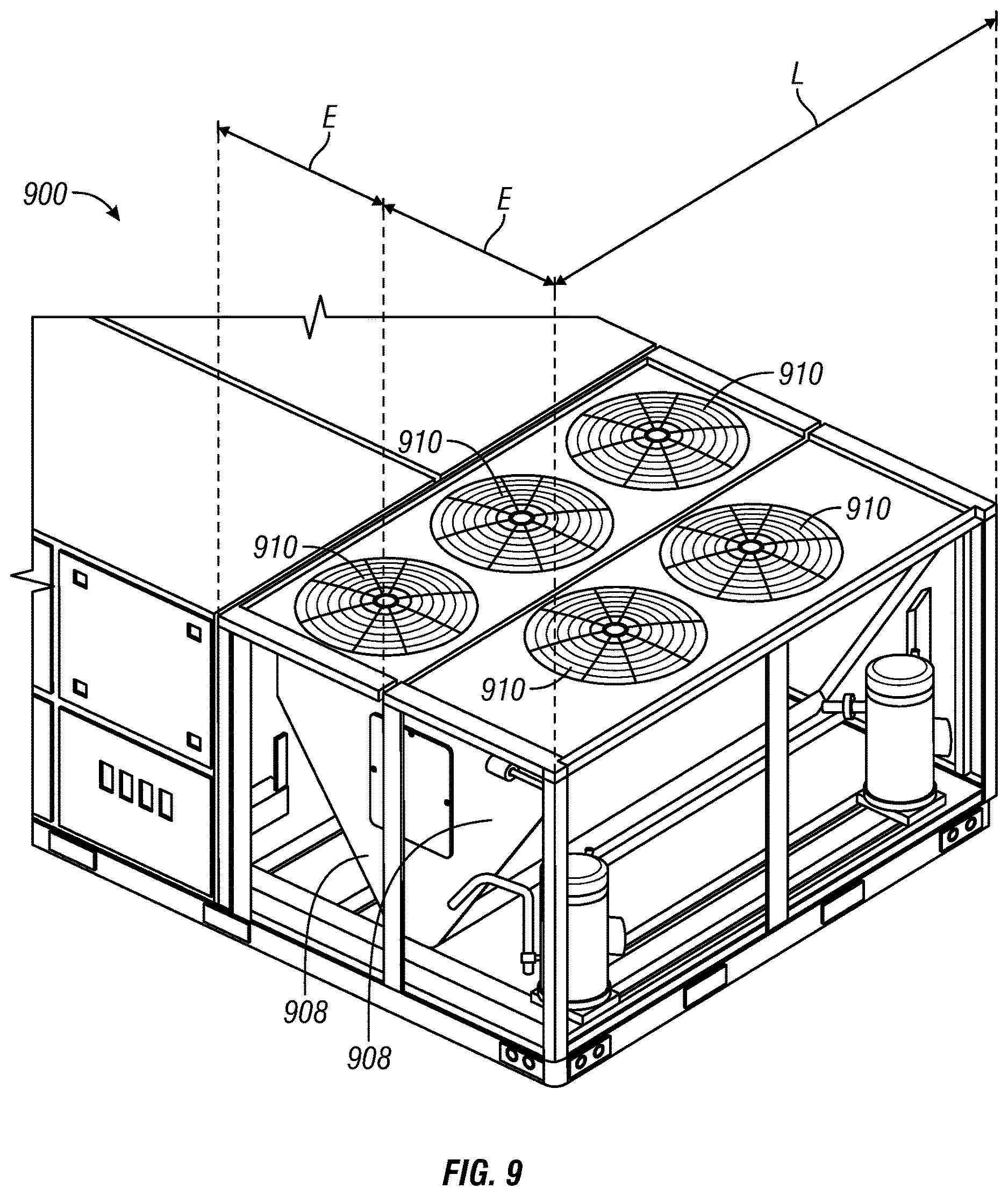 Patent US12613040 Figure 8 – Multiple fan HVAC system with optimized fan location