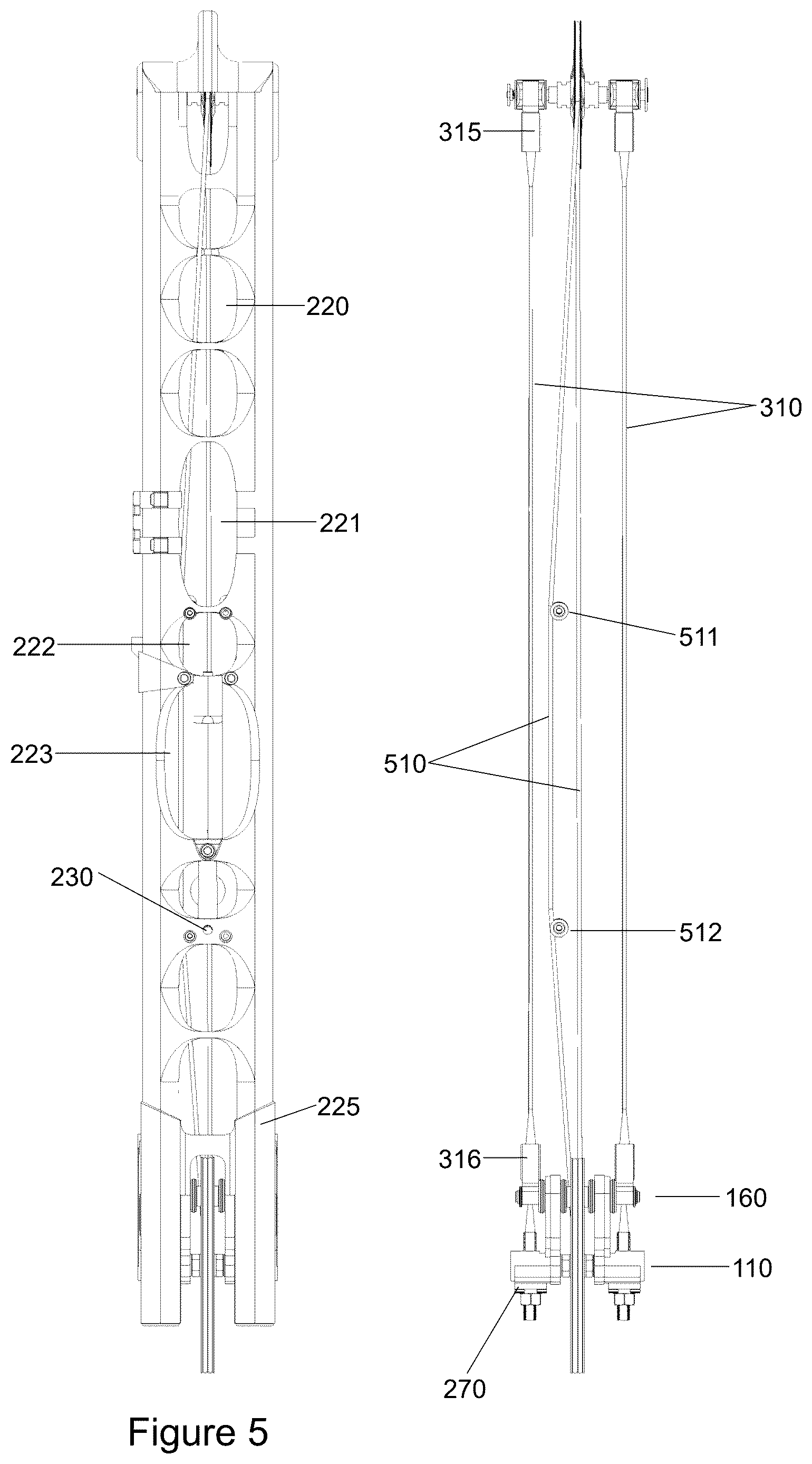Patent US12613074 Figure 5 – Archery bow with axial tensile springs and slope-based CAMS