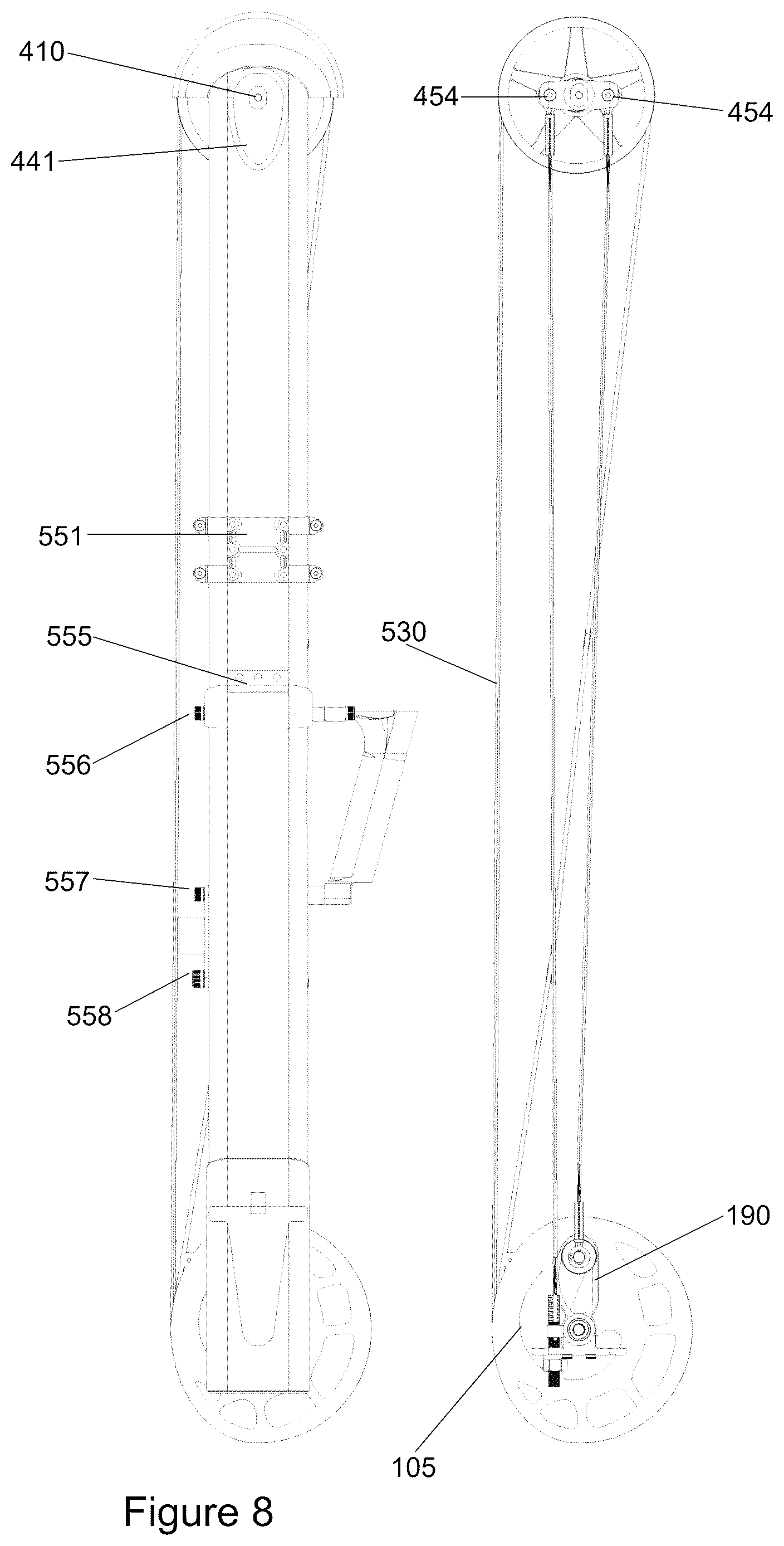 Patent US12613074 Figure 8 – Archery bow with axial tensile springs and slope-based CAMS