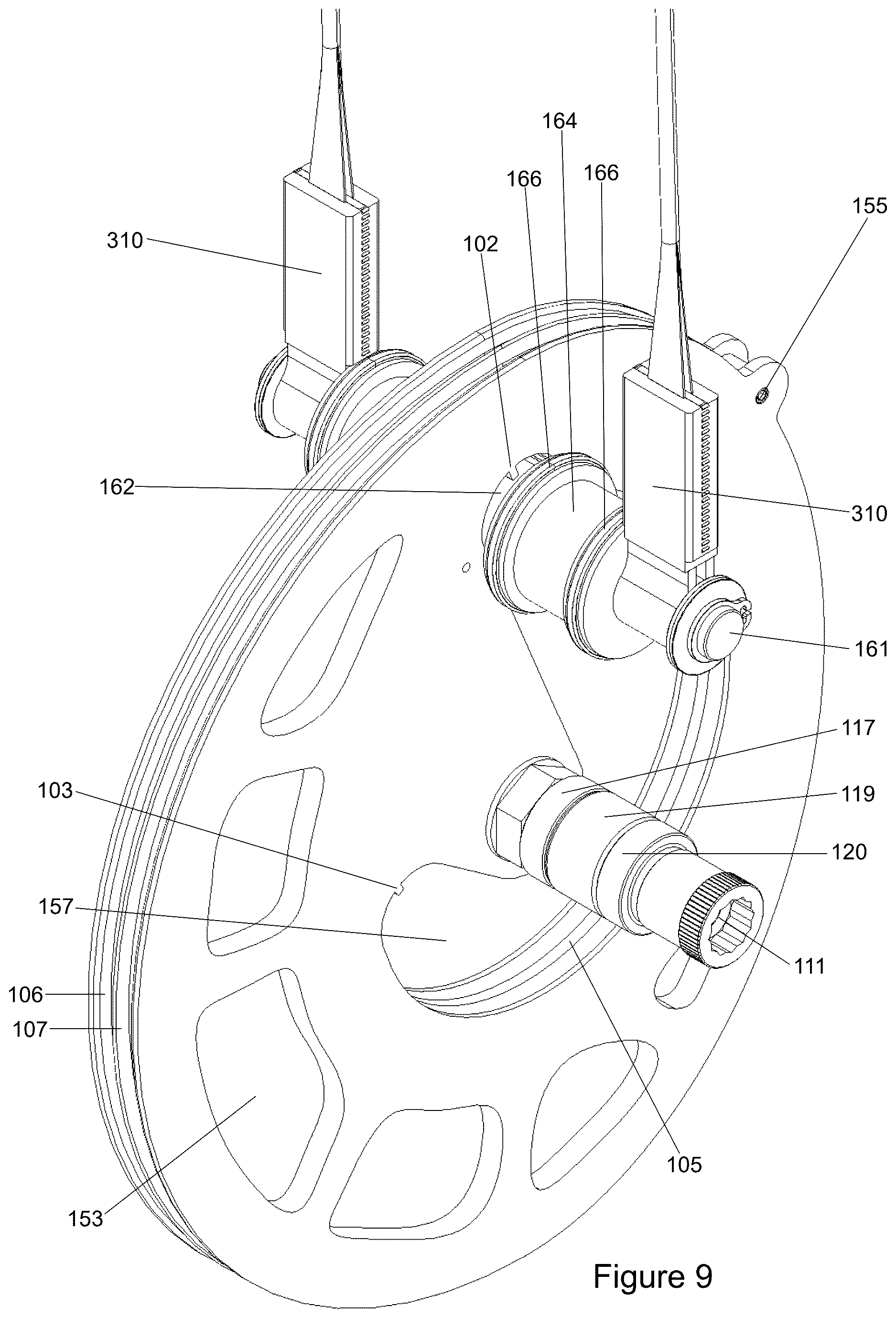 Patent US12613074 Figure 9 – Archery bow with axial tensile springs and slope-based CAMS