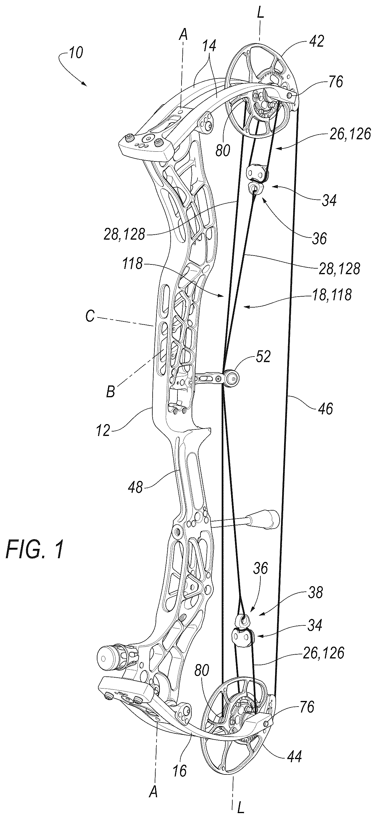 Patent US12613075 Figure 1 – Cable adjustment assembly for compound bow