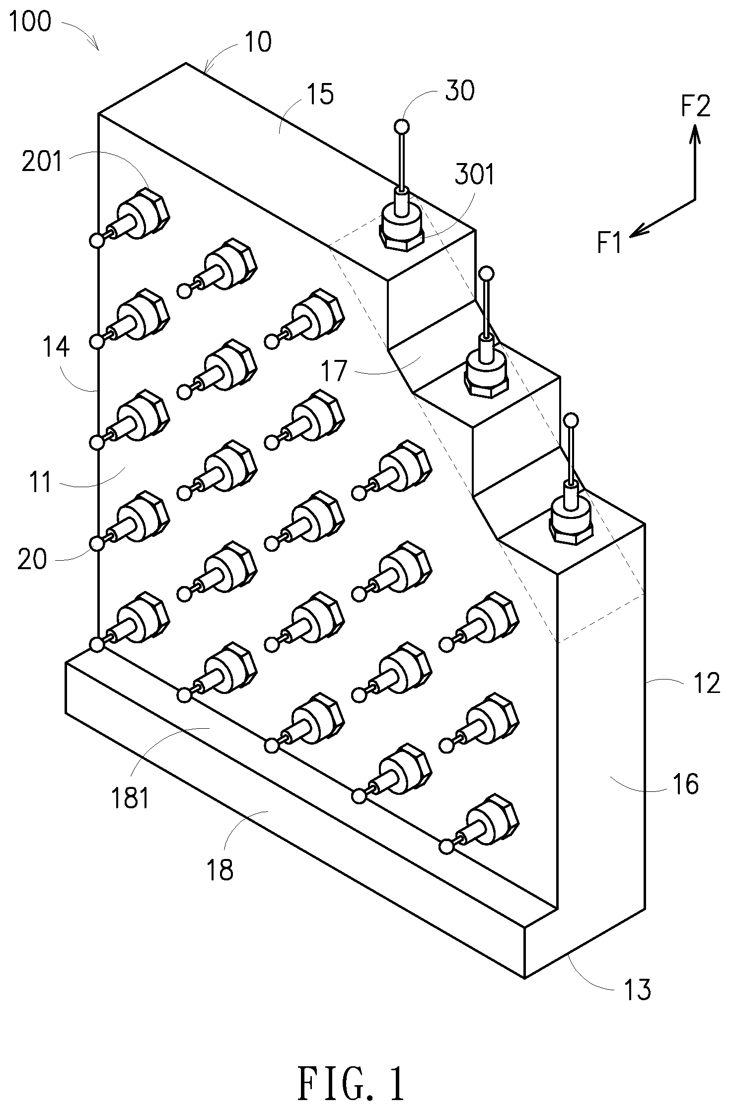 Patent US12613086 Figure 1 – Five-axis space precision measurement fixture