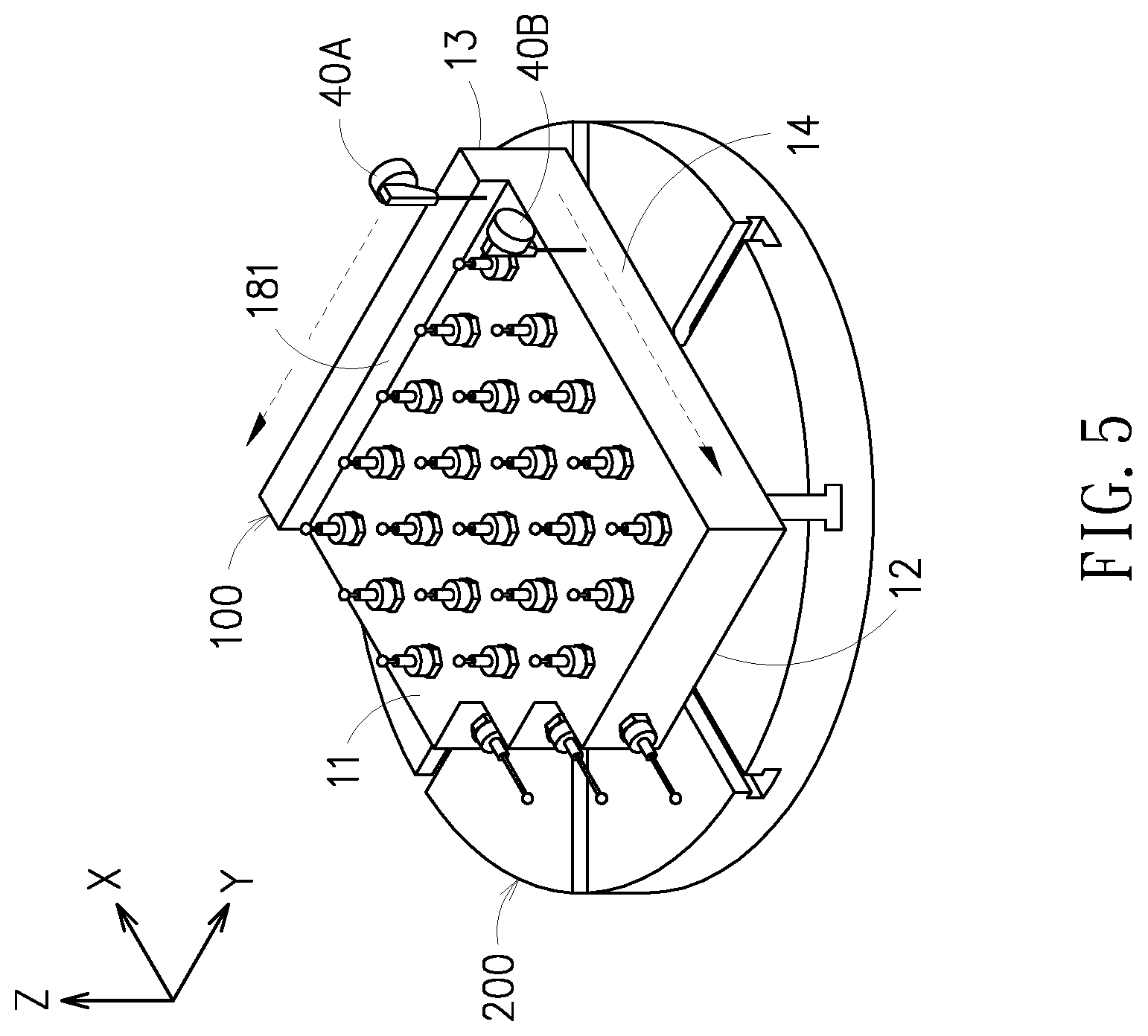 Patent US12613086 Figure 5 – Five-axis space precision measurement fixture