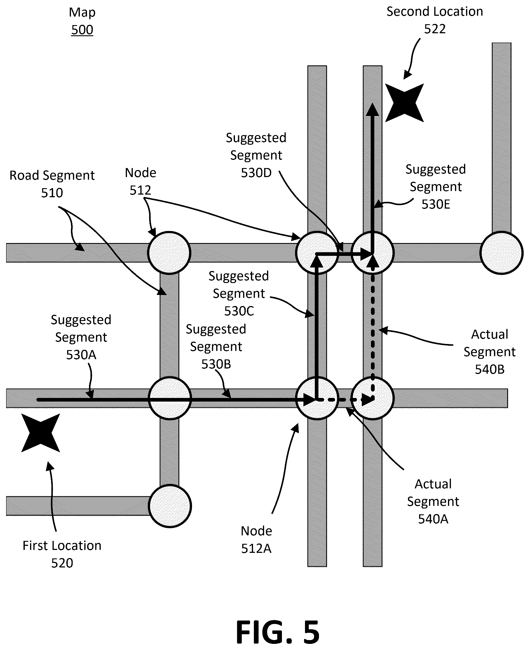 Patent US12613105 Figure 4 – Determining dissimilarities between digital maps and a road network using predicted route data and real trace data