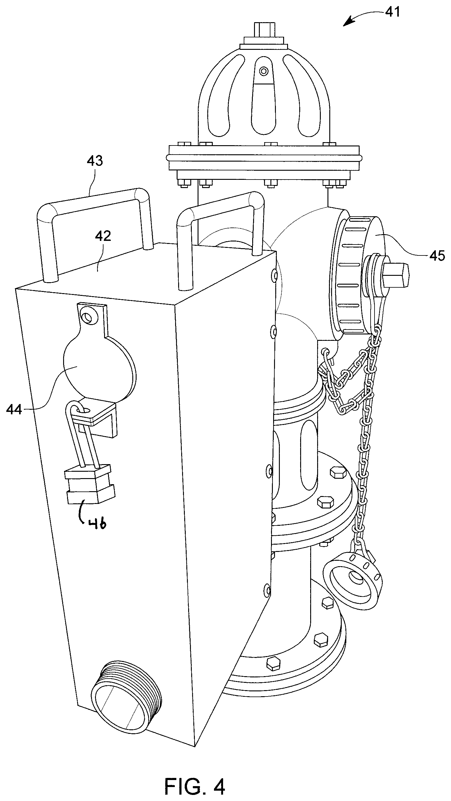 Patent US12613121 Figure 4 – Securement system for wireless water meter connected to hydrant