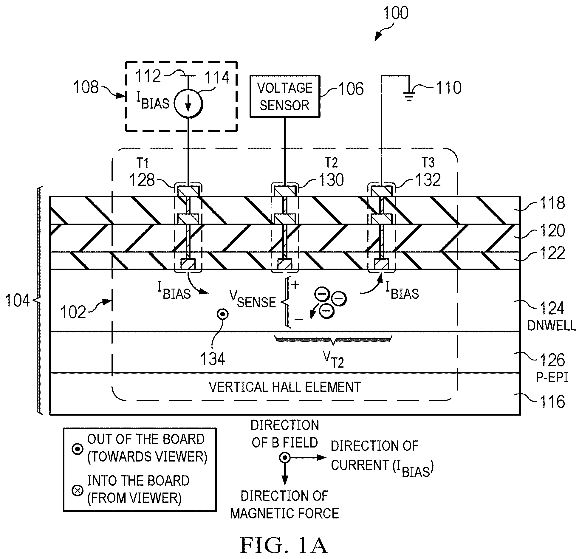 Patent US12613295 Figure 1 – Vertical hall sensor with integrated trace