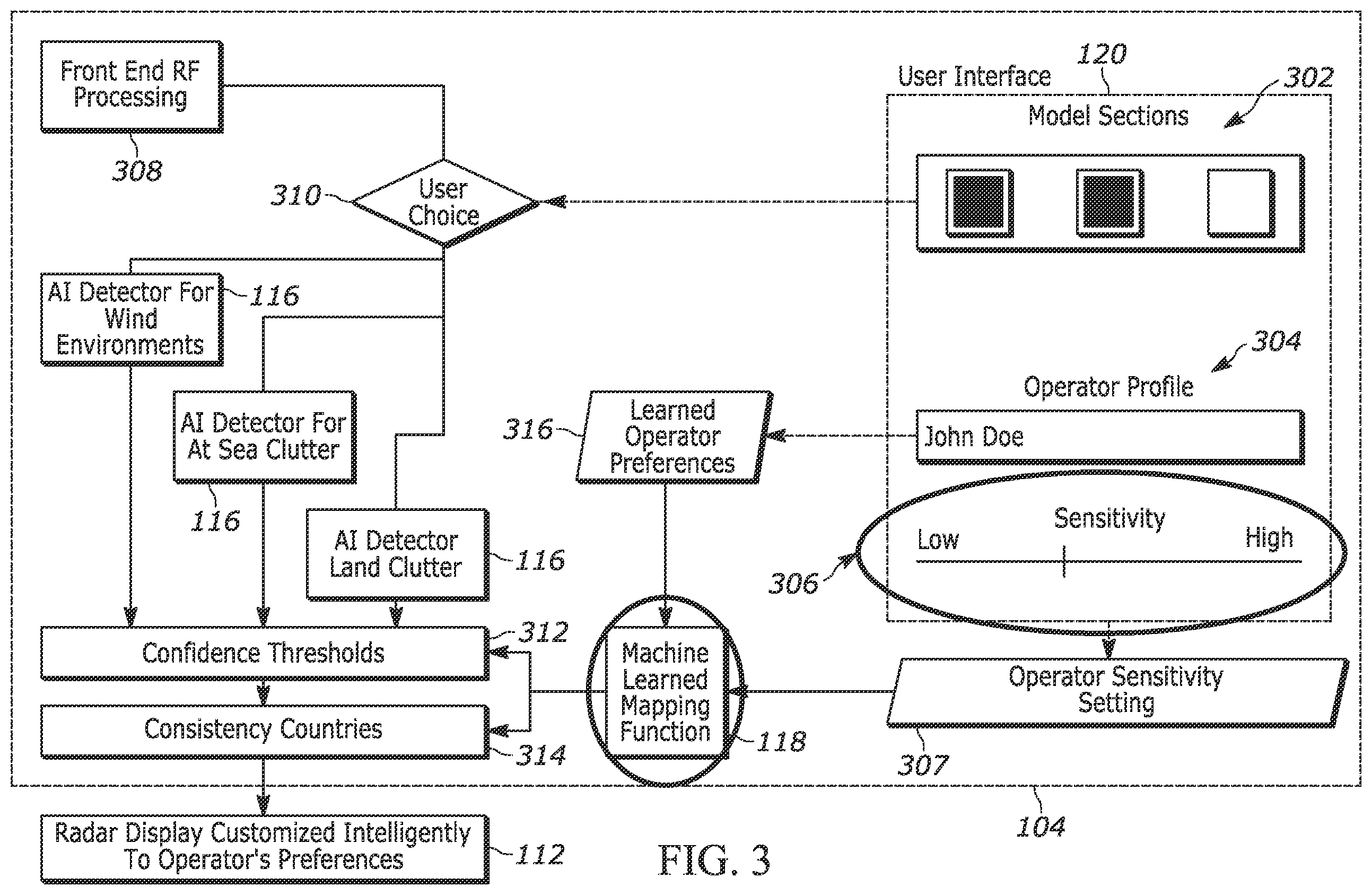 Patent US12613326 Figure 3 – Machine learned user interface for dynamic control of intelligent radar clutter mitigation