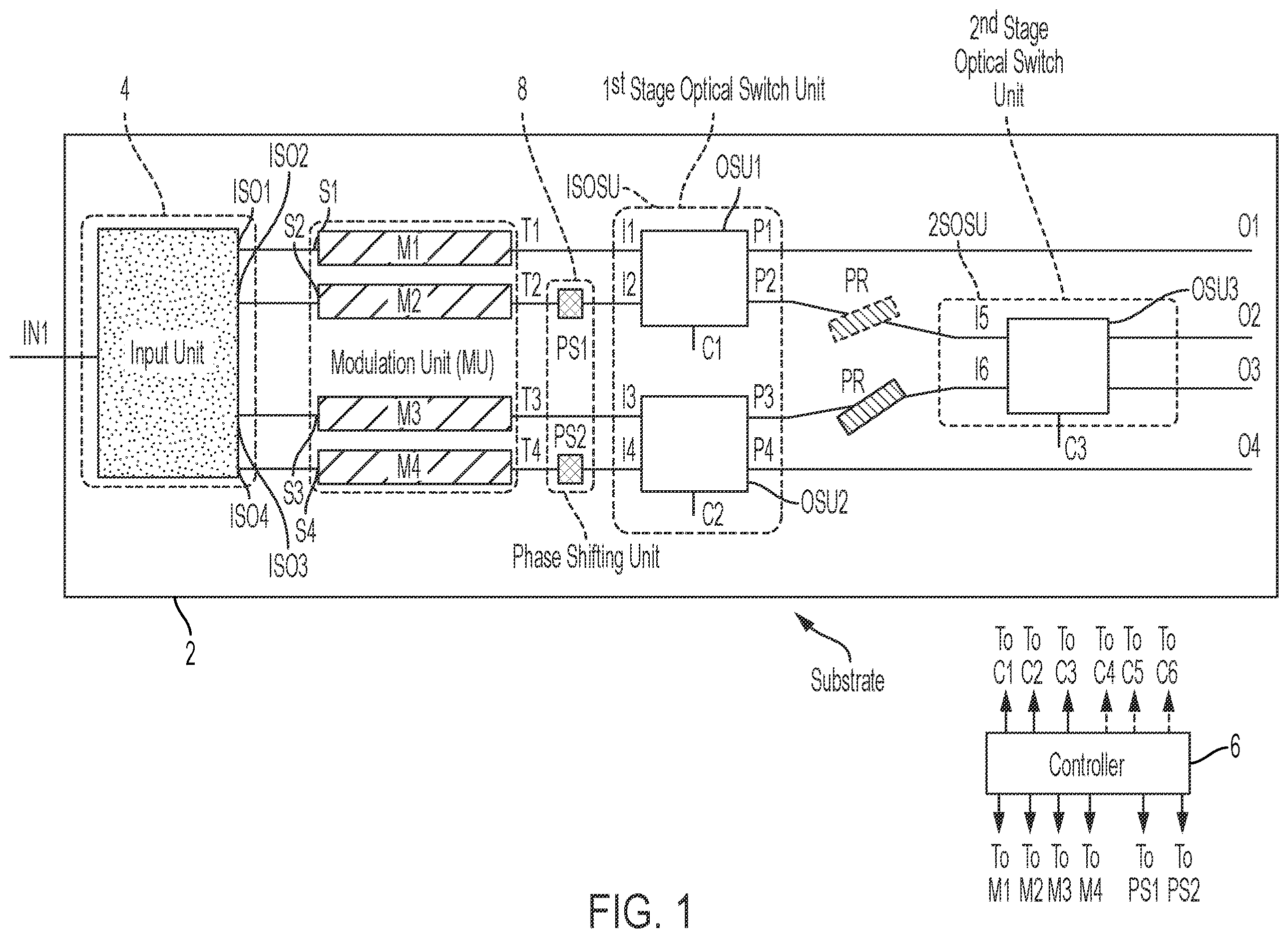 Patent US12613373 Figure 1 – Reconfigurable PIC architecture for both phase and amplitude modulation