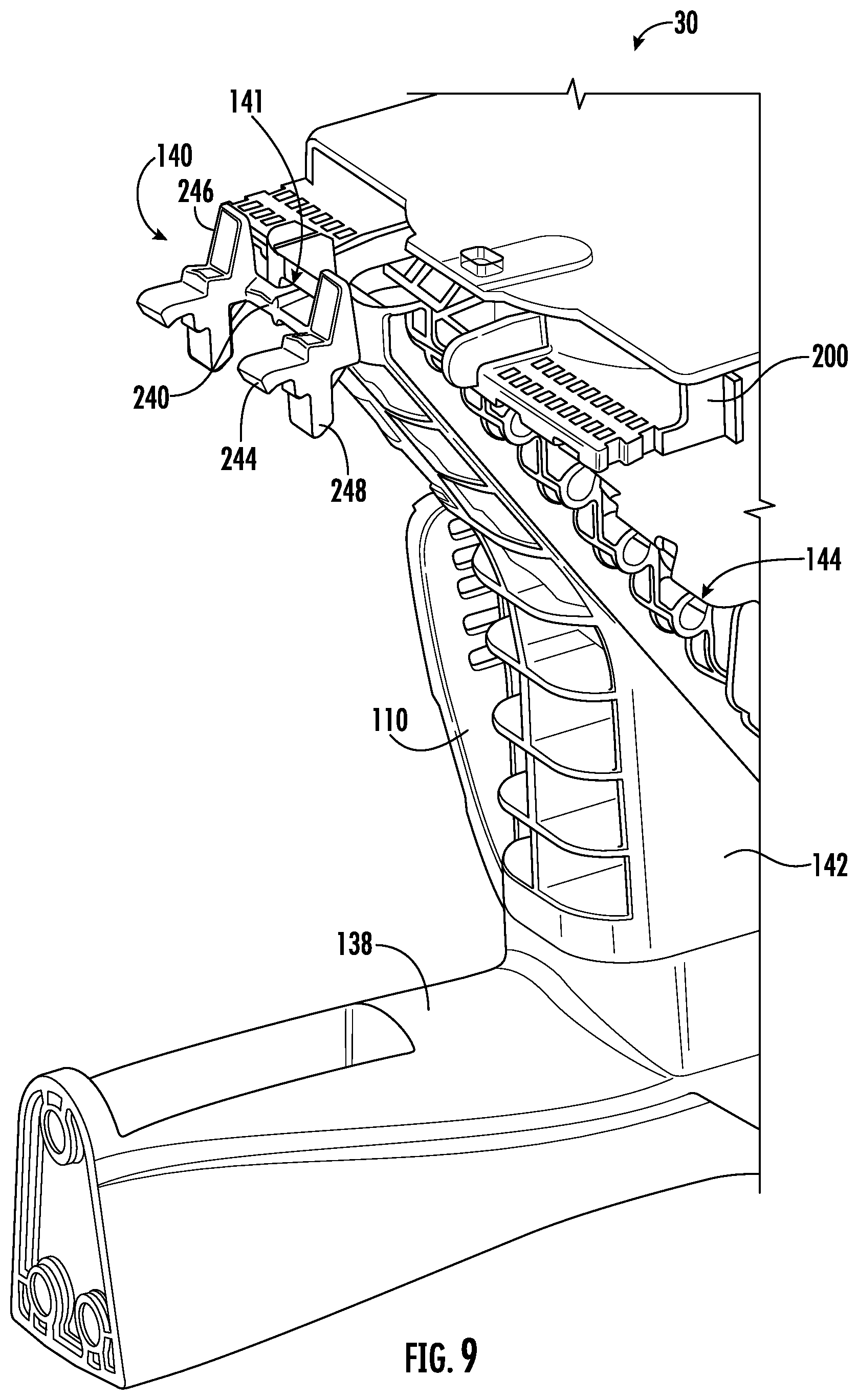 Patent US12613391 Figure 9 – Bracket assembly for fiber optic closures and organizer assemblies