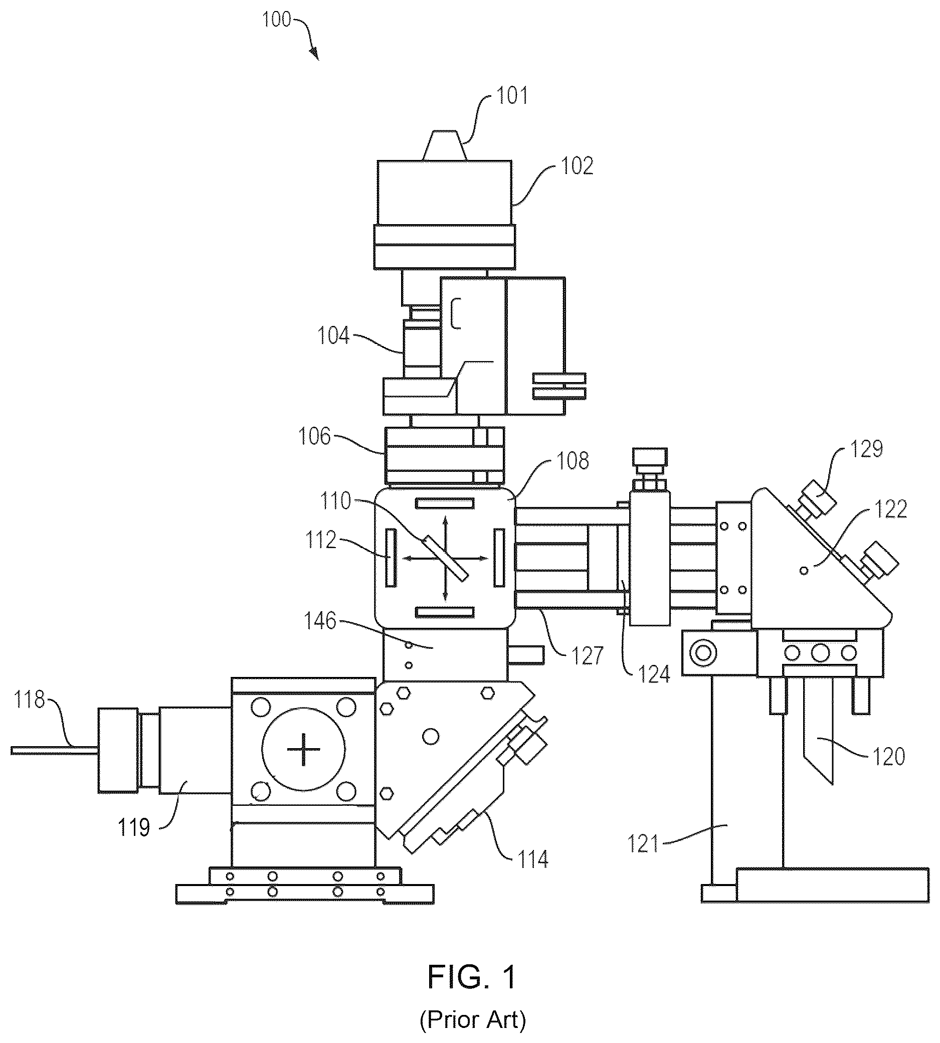 Patent US12613403 Figure 1 – System and methods of dichroic free fluorescence illumination using reflective objective lenses