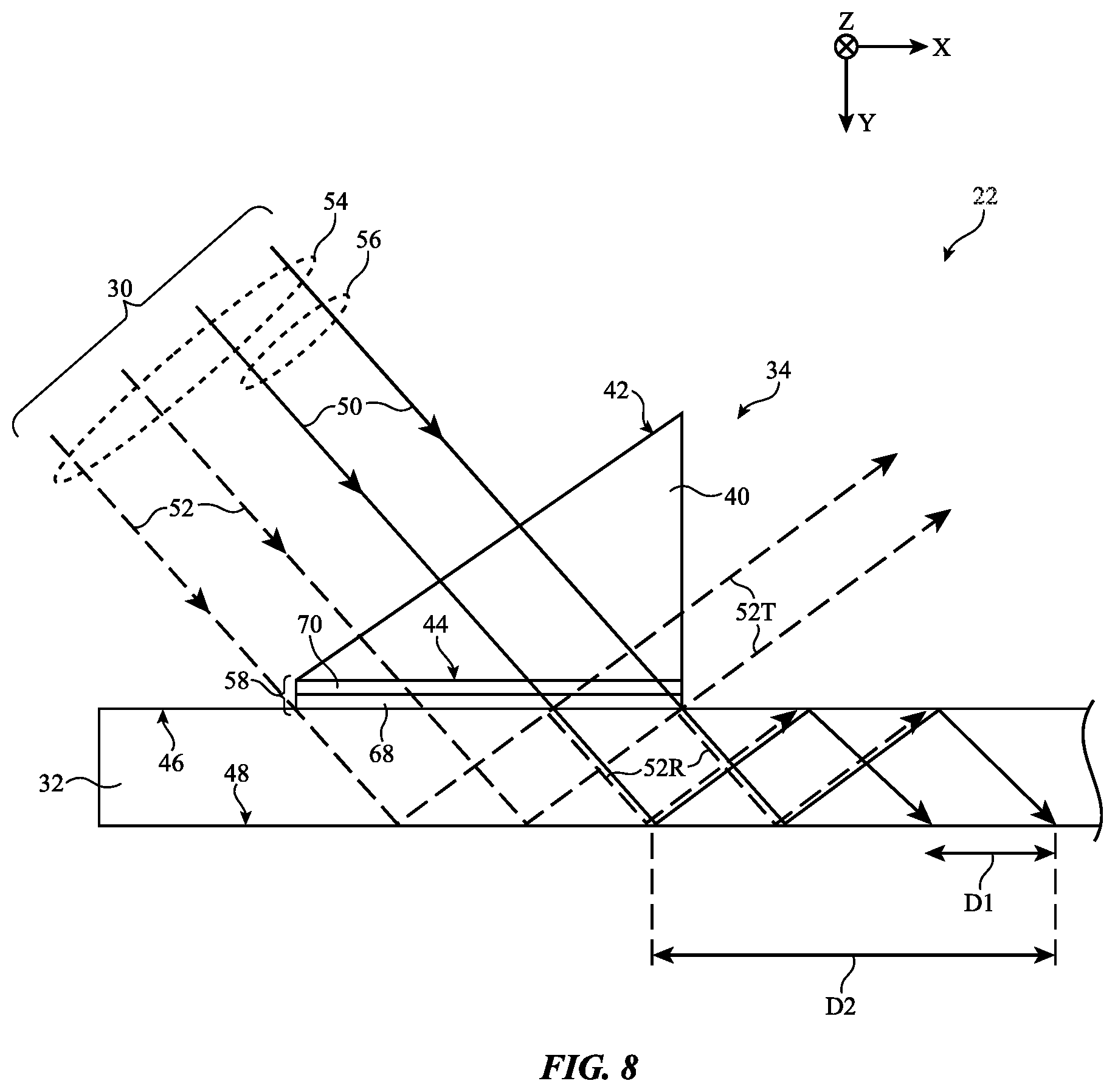 Patent US12613415 Figure 8 – Optical systems with partial reflectors on waveguides for maximizing pupil size coupling