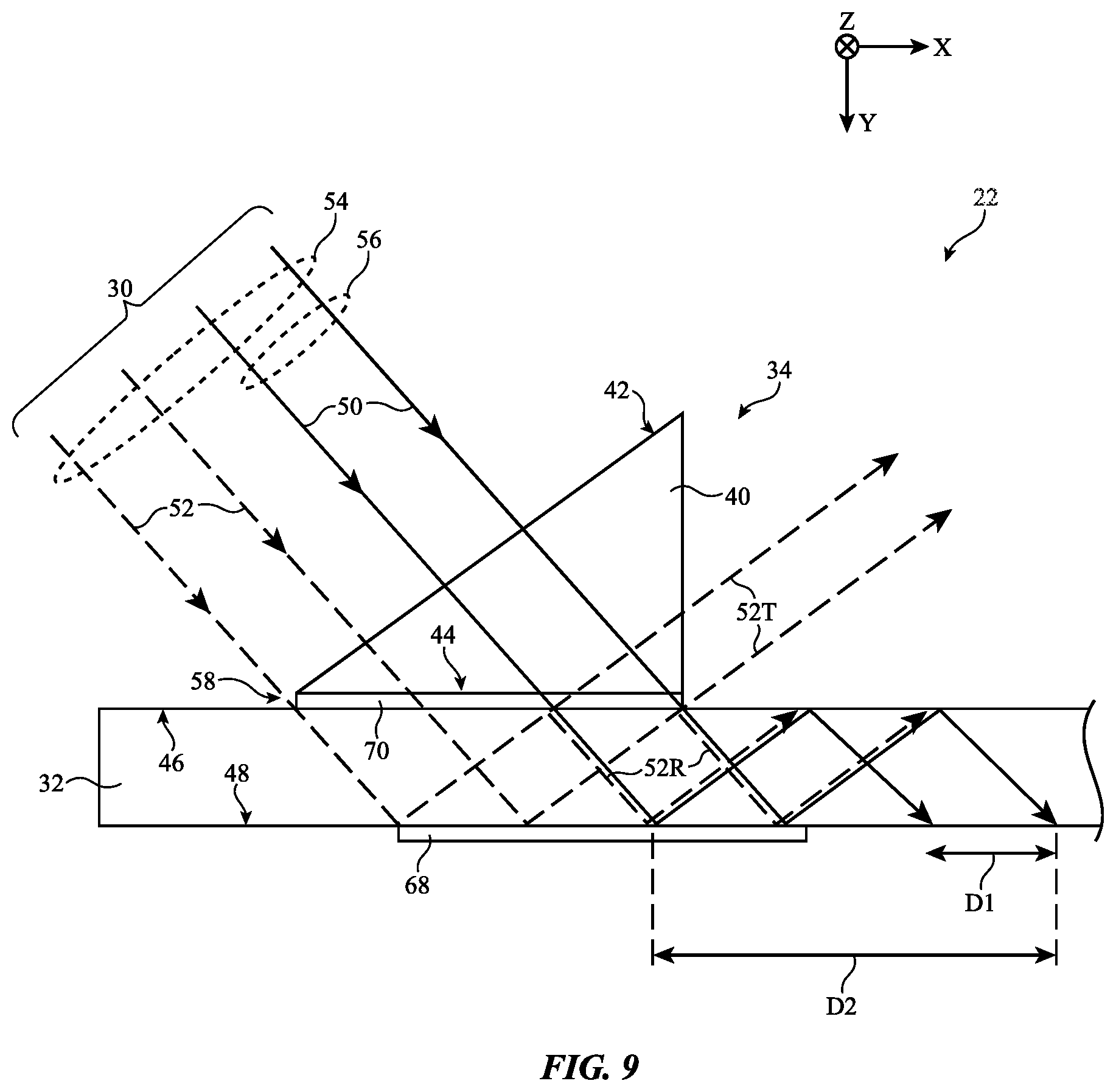 Patent US12613415 Figure 9 – Optical systems with partial reflectors on waveguides for maximizing pupil size coupling