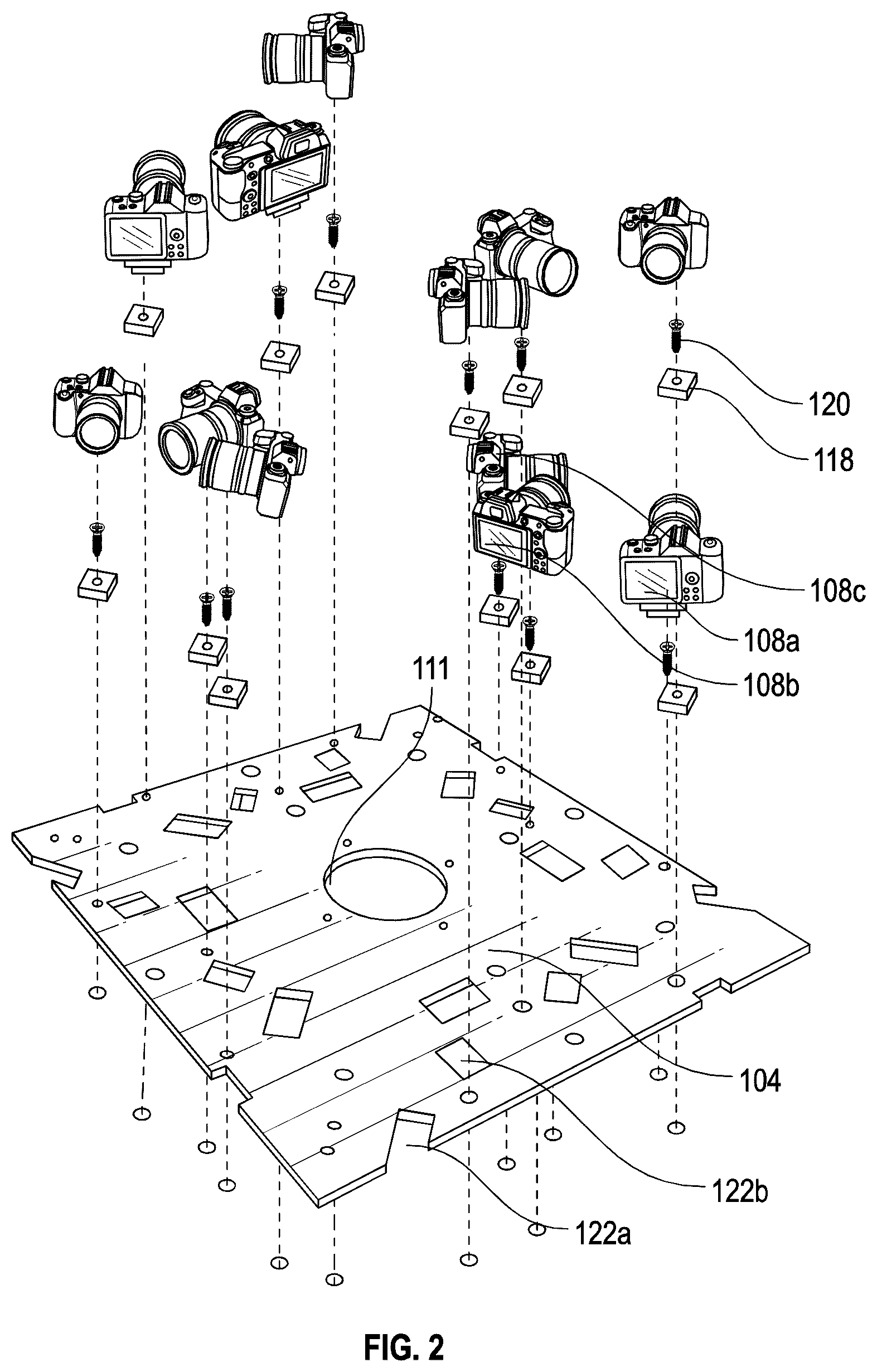 Patent US12613457 Figure 2 – Camera array systems and devices, including floating plate configurations and split plate configurations