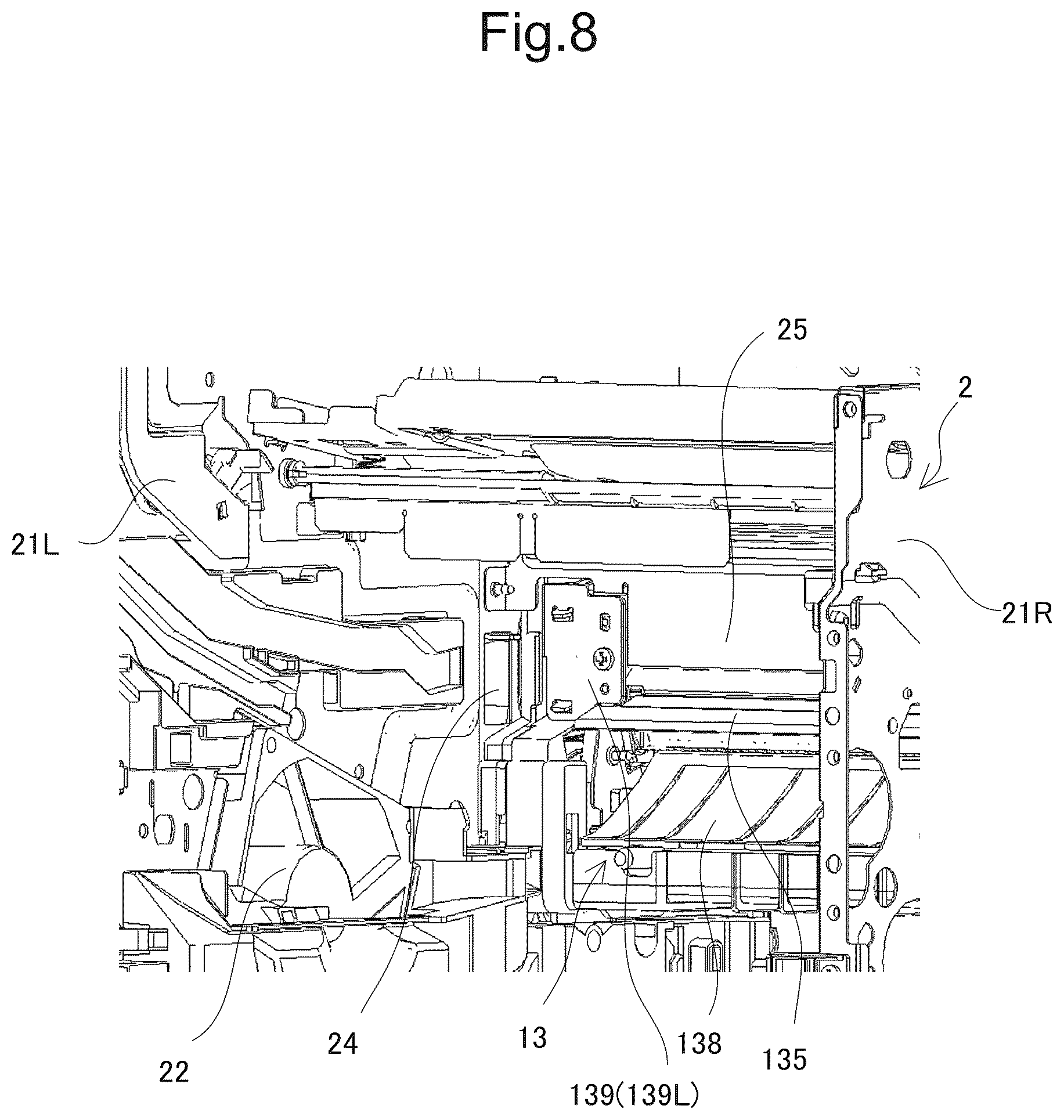 Patent US12613485 Figure 8 – Image forming apparatus capable of shifting fixing unit vertically upward in conjunction with behavior of switching state of fixing member and pressing member